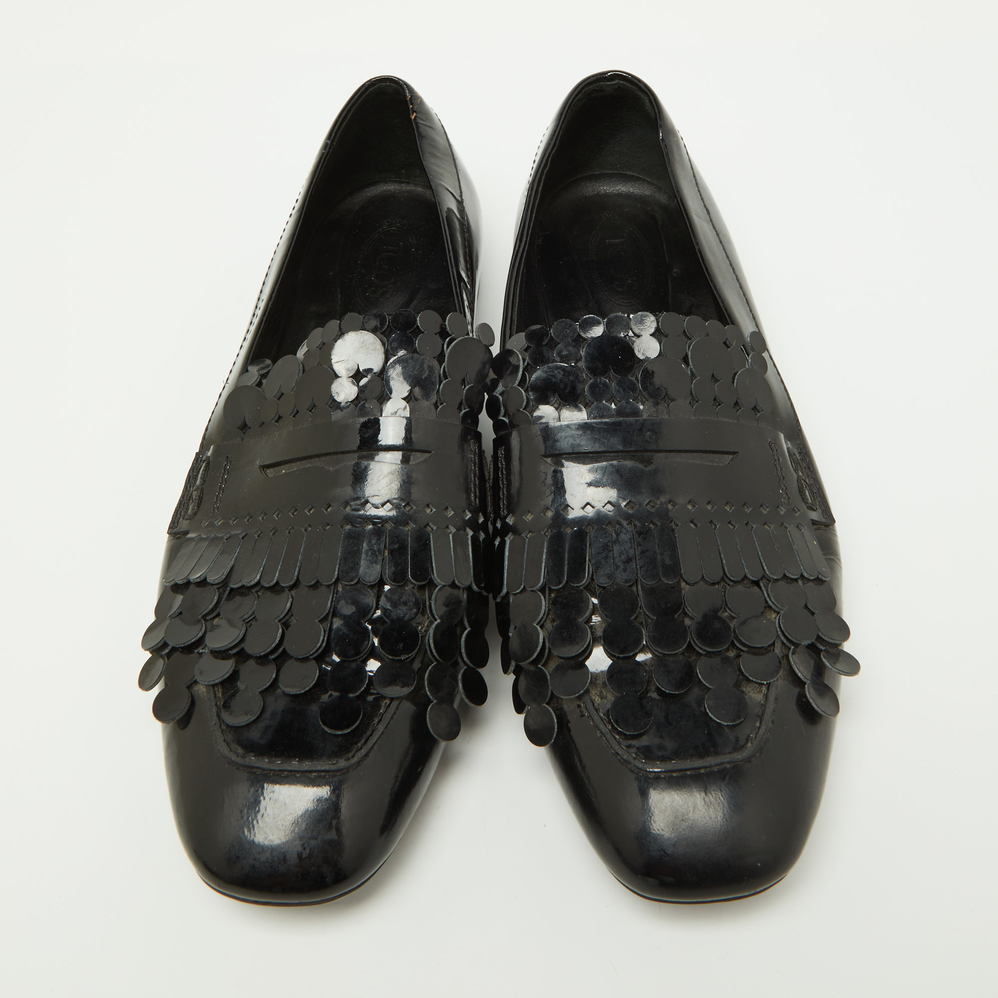 Tod's Black Patent Leather Laser Cut Fringe Loafers Size 38.5