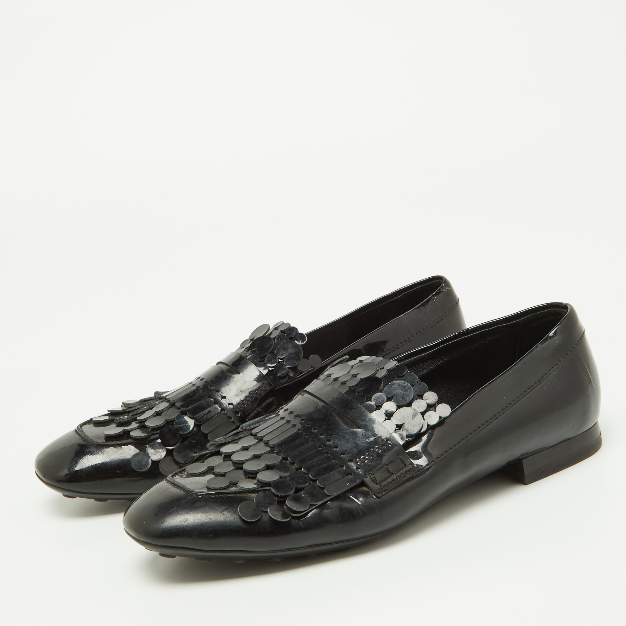 Tod's Black Patent Leather Laser Cut Fringe Loafers Size 38.5