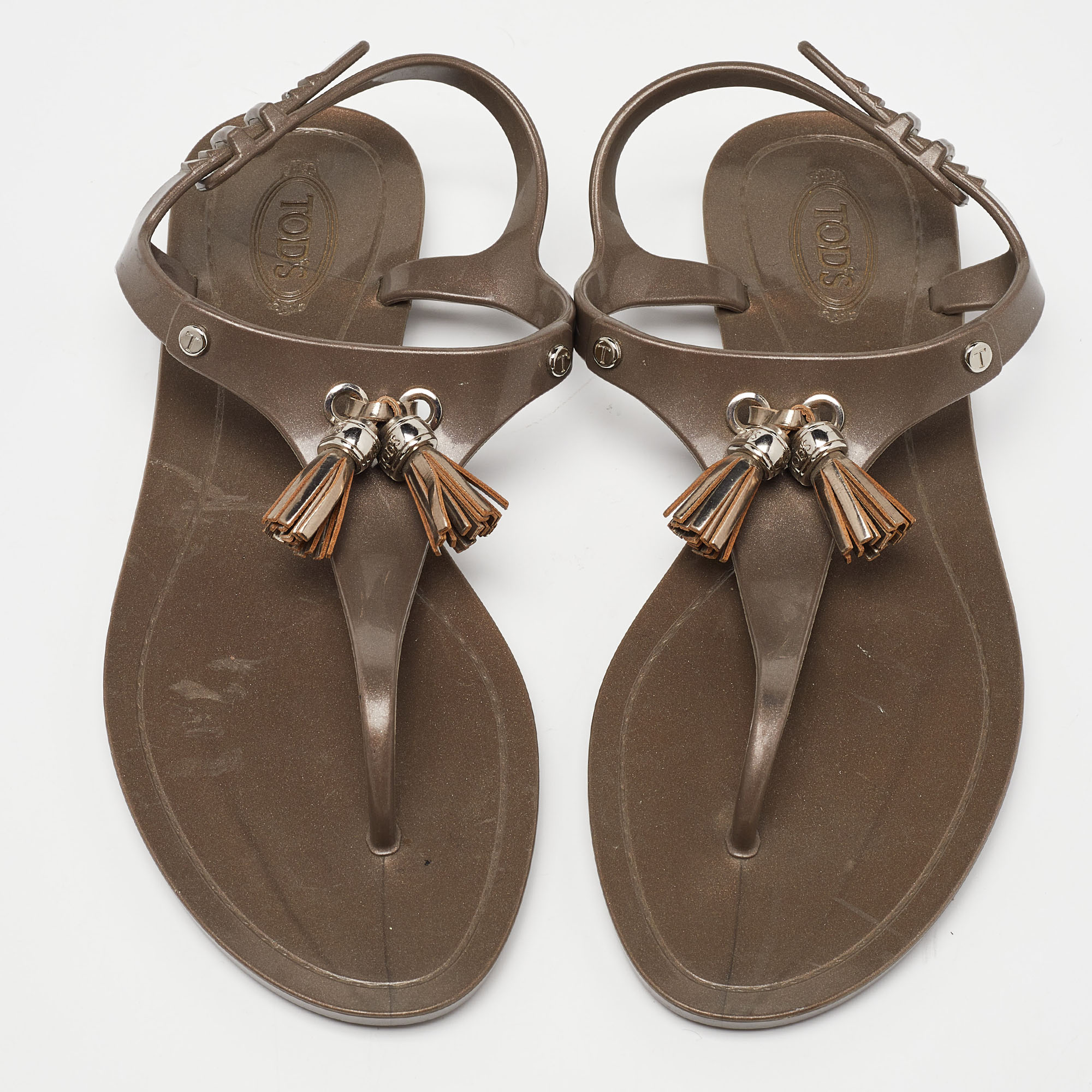 Tod's Light Brown Rubber Tassel Bow Thong Flat Sandals Size 38