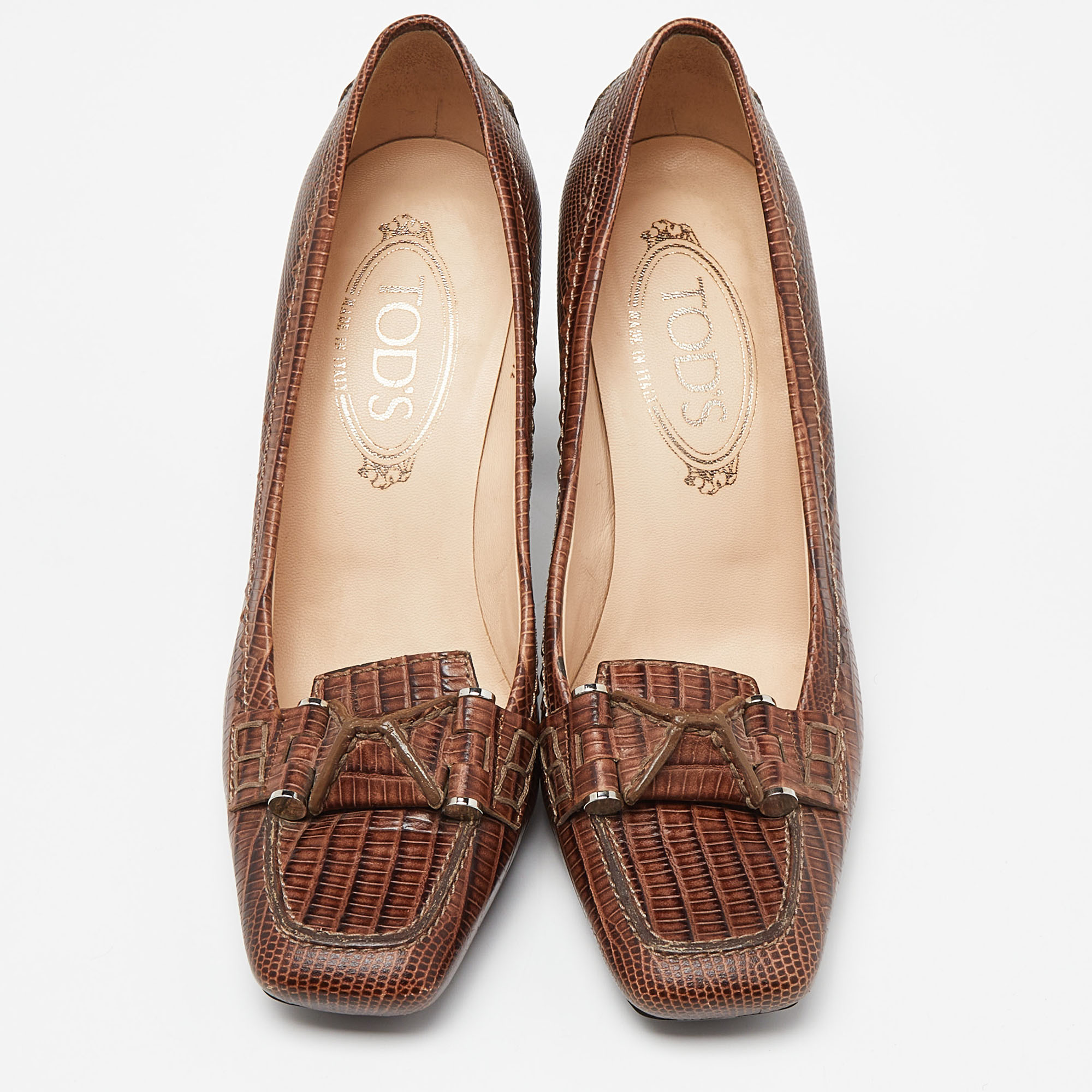 Tod's Brown Croc Embossed Leather Square Toe Loafer Pumps Size 36.5