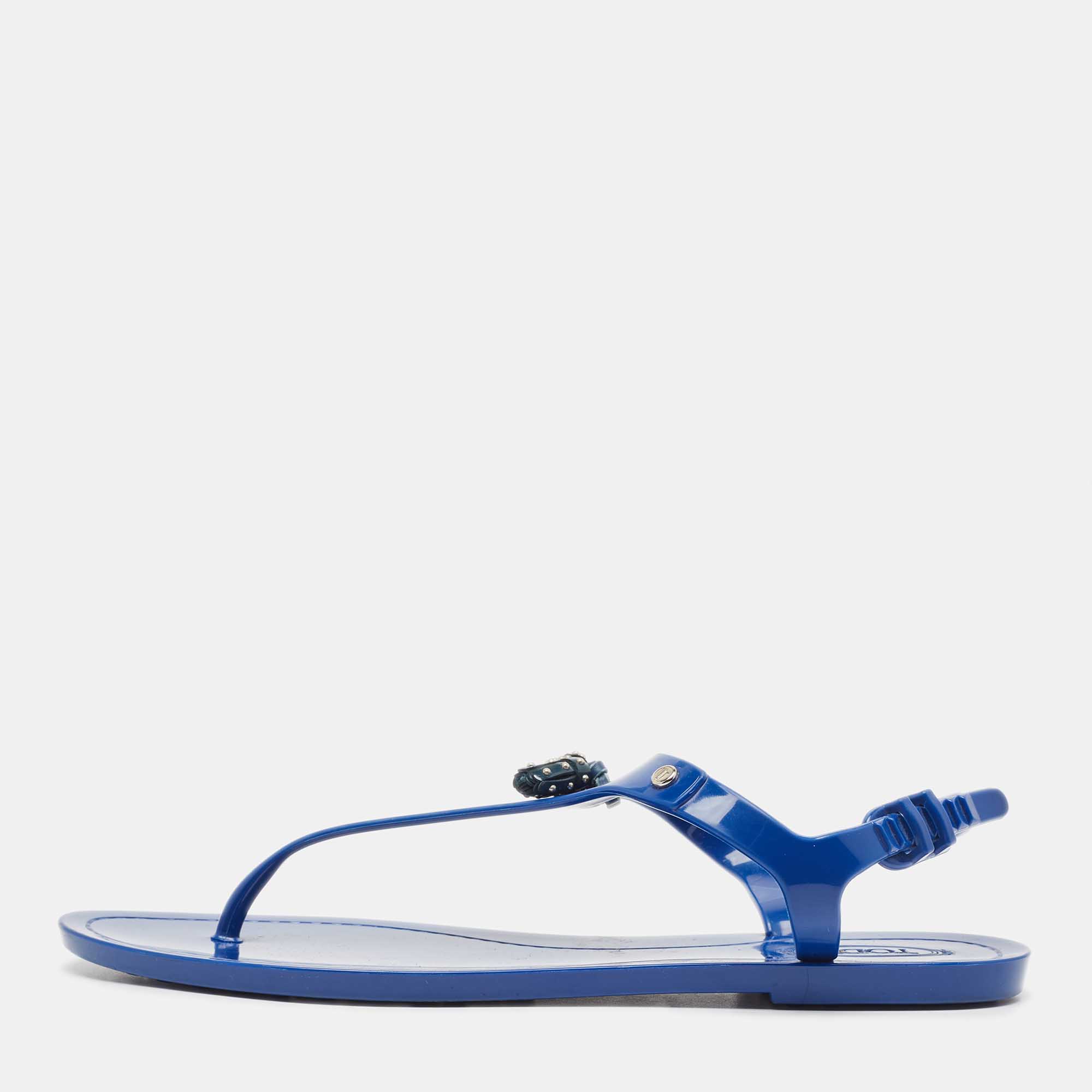 Tod's Blue Rubber Studded Tassel Flat Thong Sandals Size 40