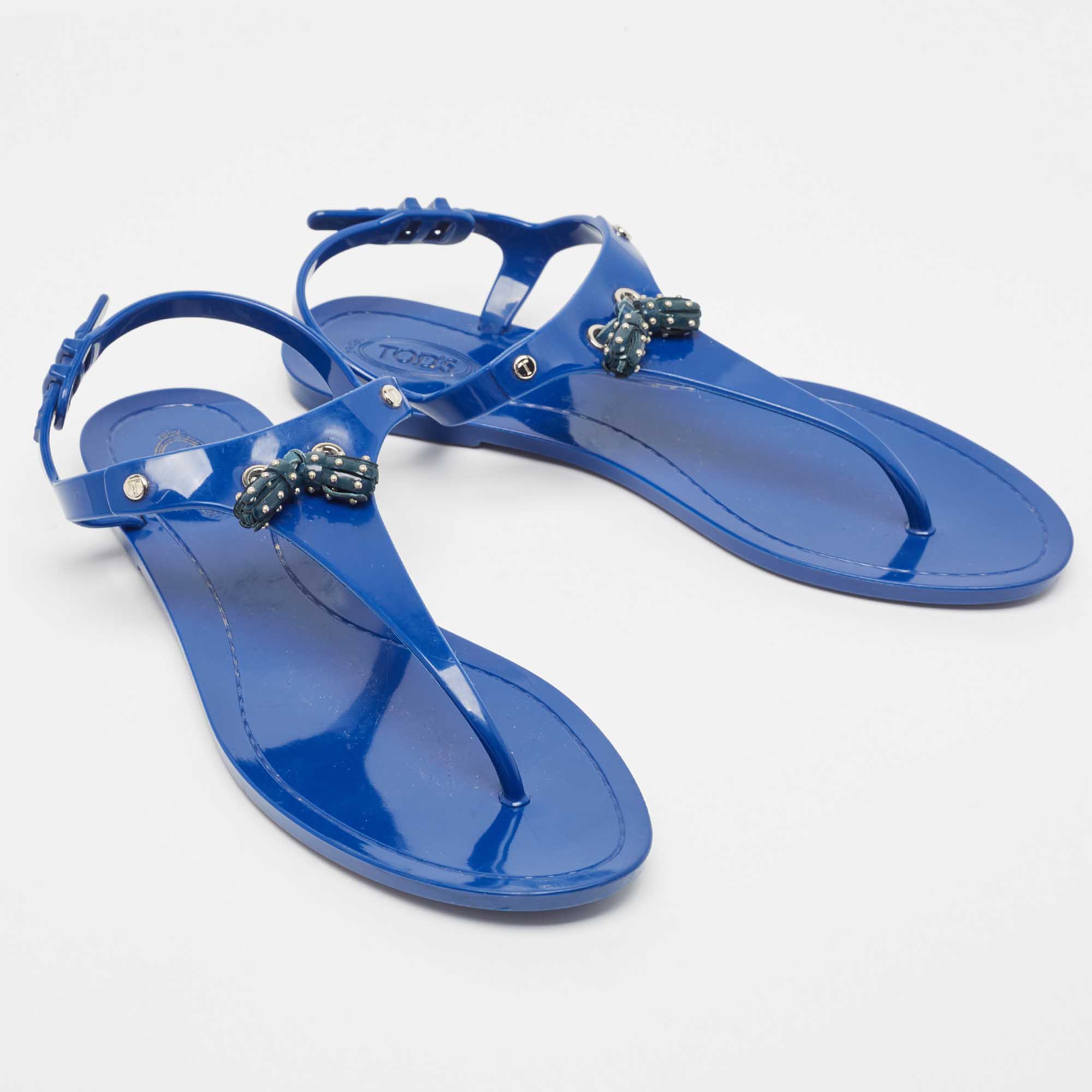 Tod's Blue Rubber Studded Tassel Flat Thong Sandals Size 40