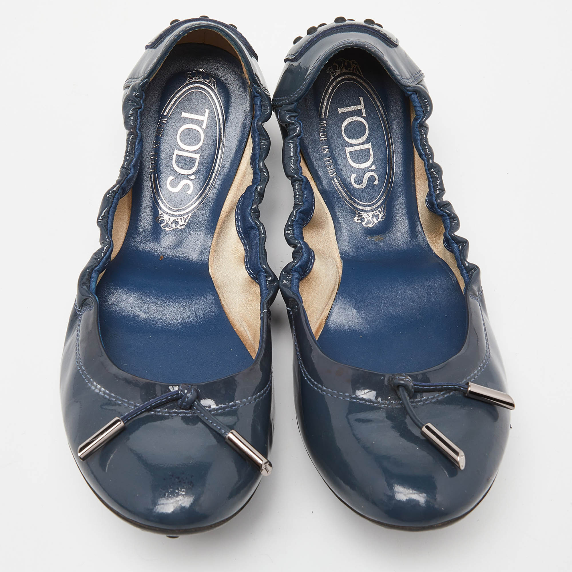 Tod's Blue Patent Leather Bow Scrunch Ballet Flats Size 37