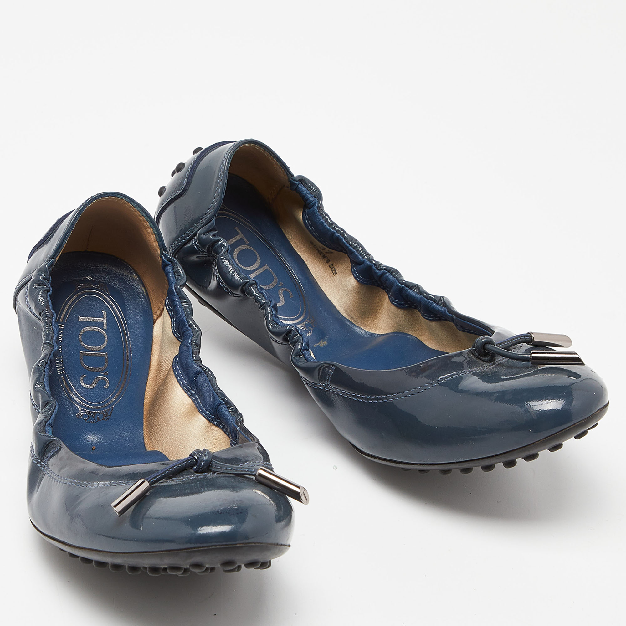 Tod's Blue Patent Leather Bow Scrunch Ballet Flats Size 37