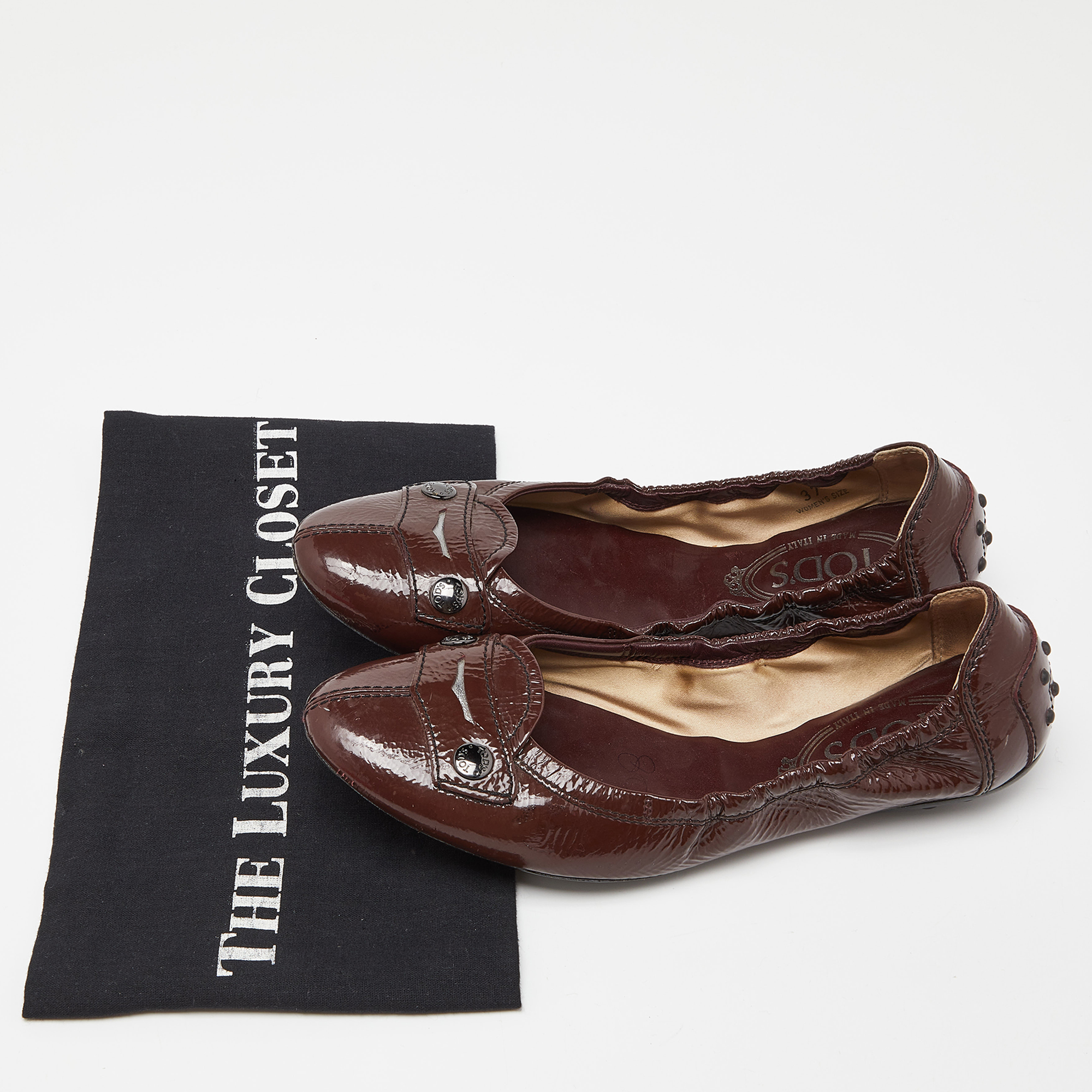 Tod's Brown Patent Leather Scrunch Ballet Flats Size 37