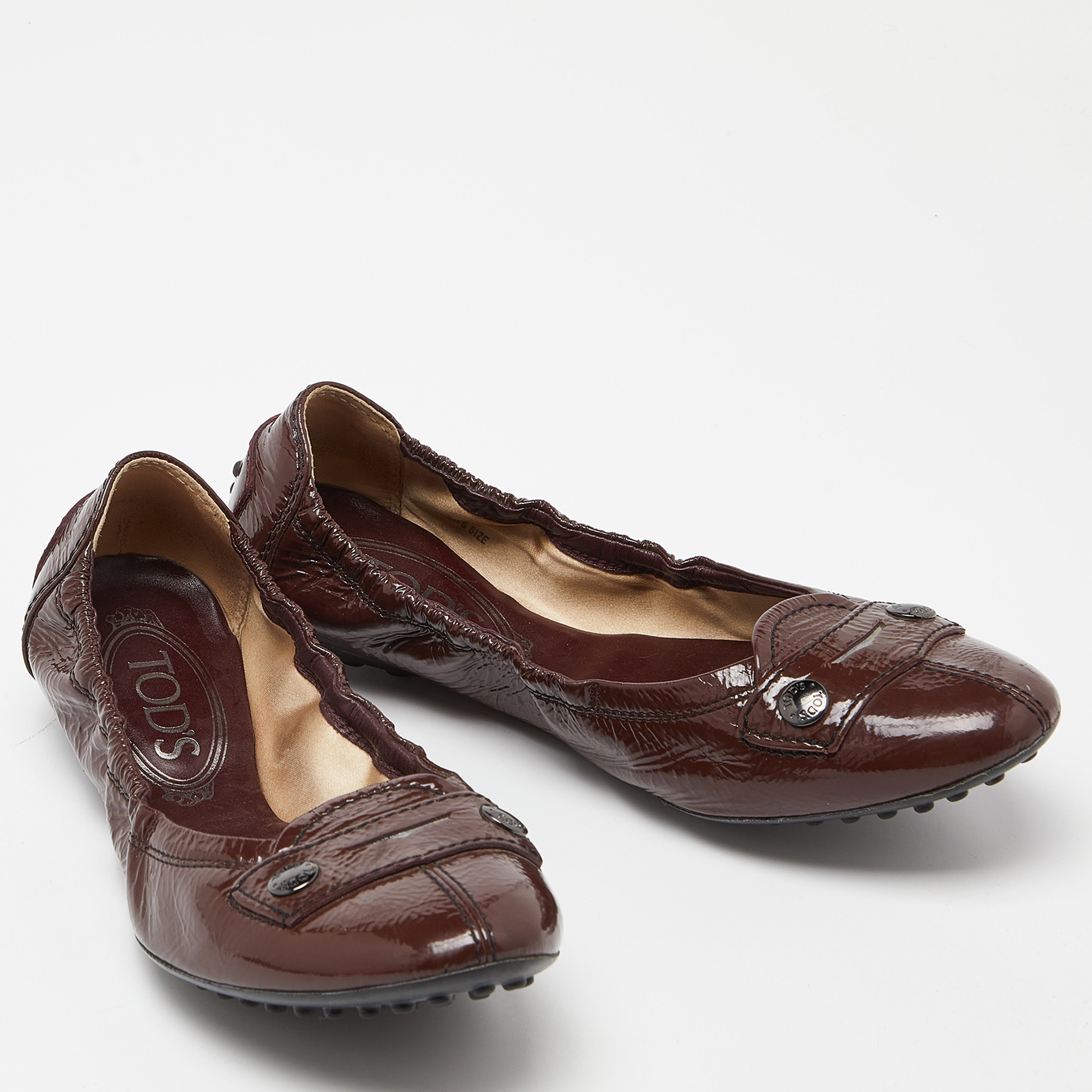 Tod's Brown Patent Leather Scrunch Ballet Flats Size 37