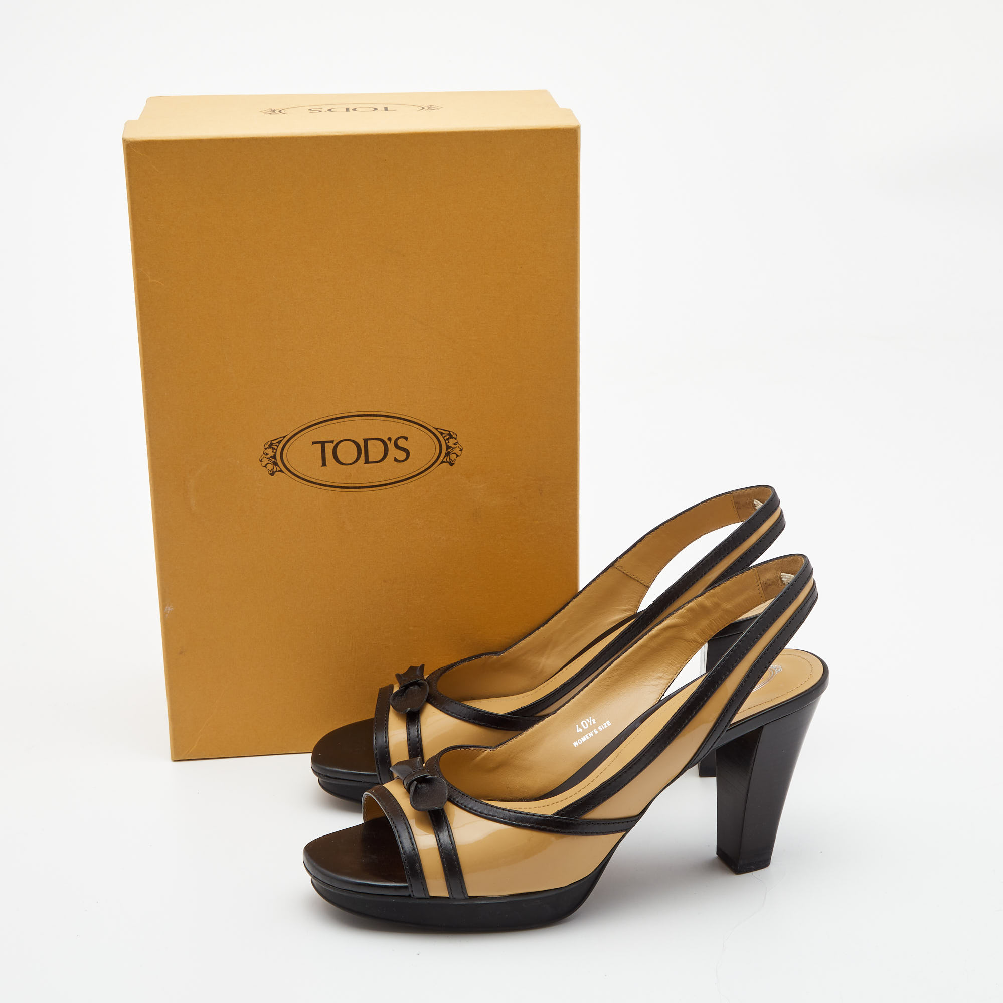 Tod's Beige/Black Patent Leather Bow Platform Slingback Open Toe Sandals Size 40.5
