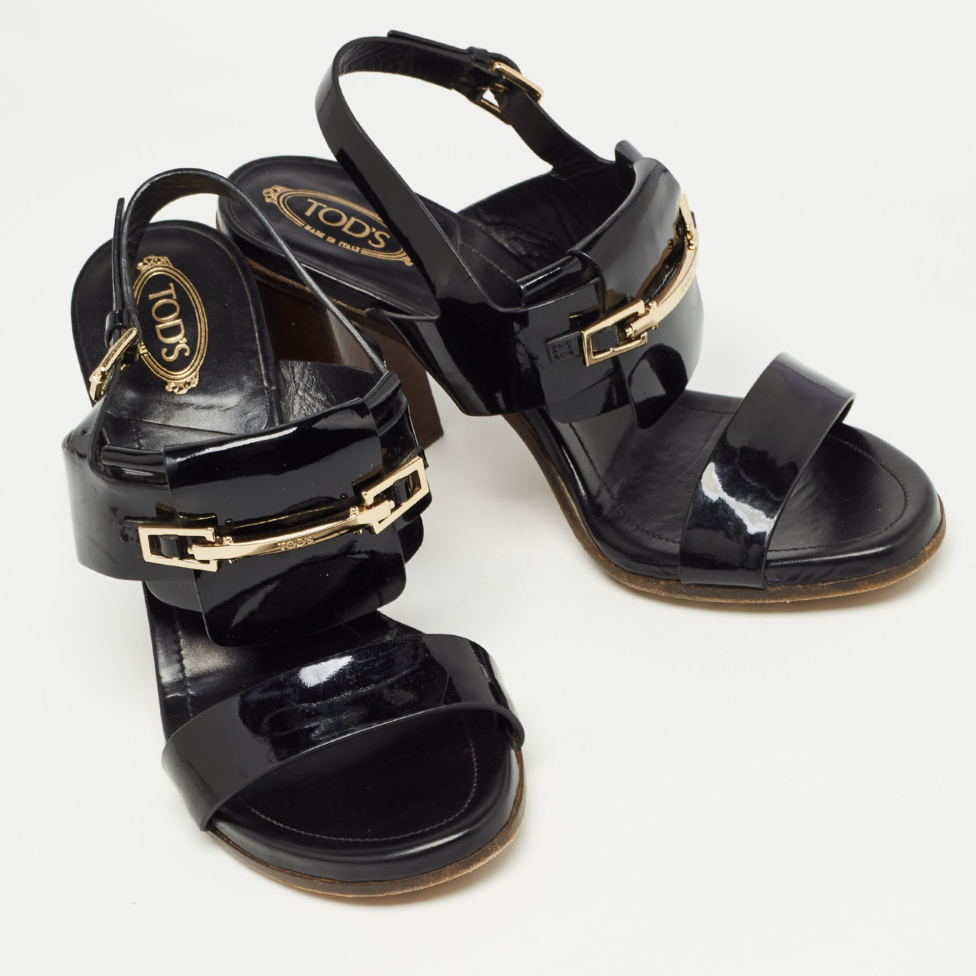 Tod's Black Patent Leather Buckle Slingback Sandals Size 37