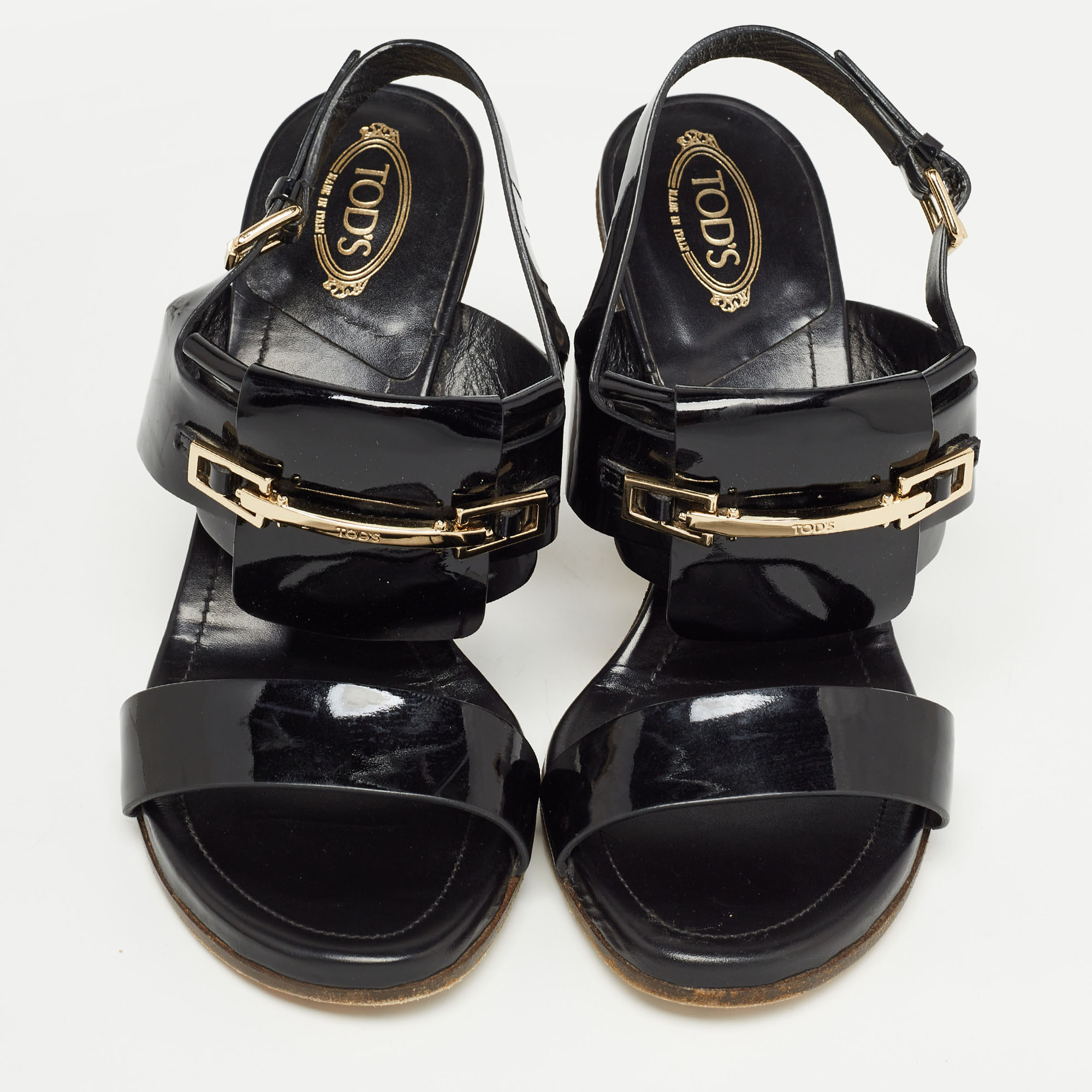 Tod's Black Patent Leather Buckle Slingback Sandals Size 37