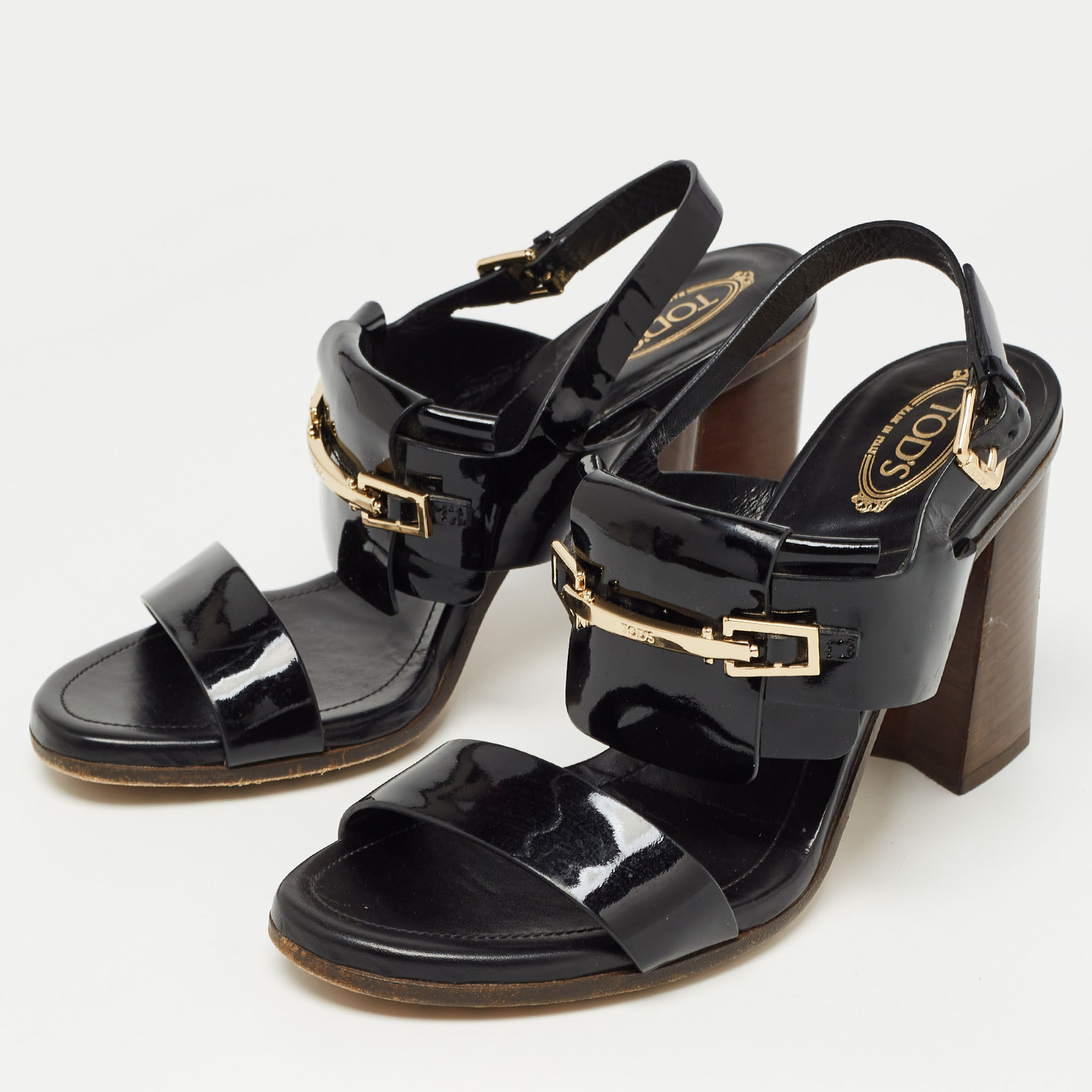 Tod's Black Patent Leather Buckle Slingback Sandals Size 37