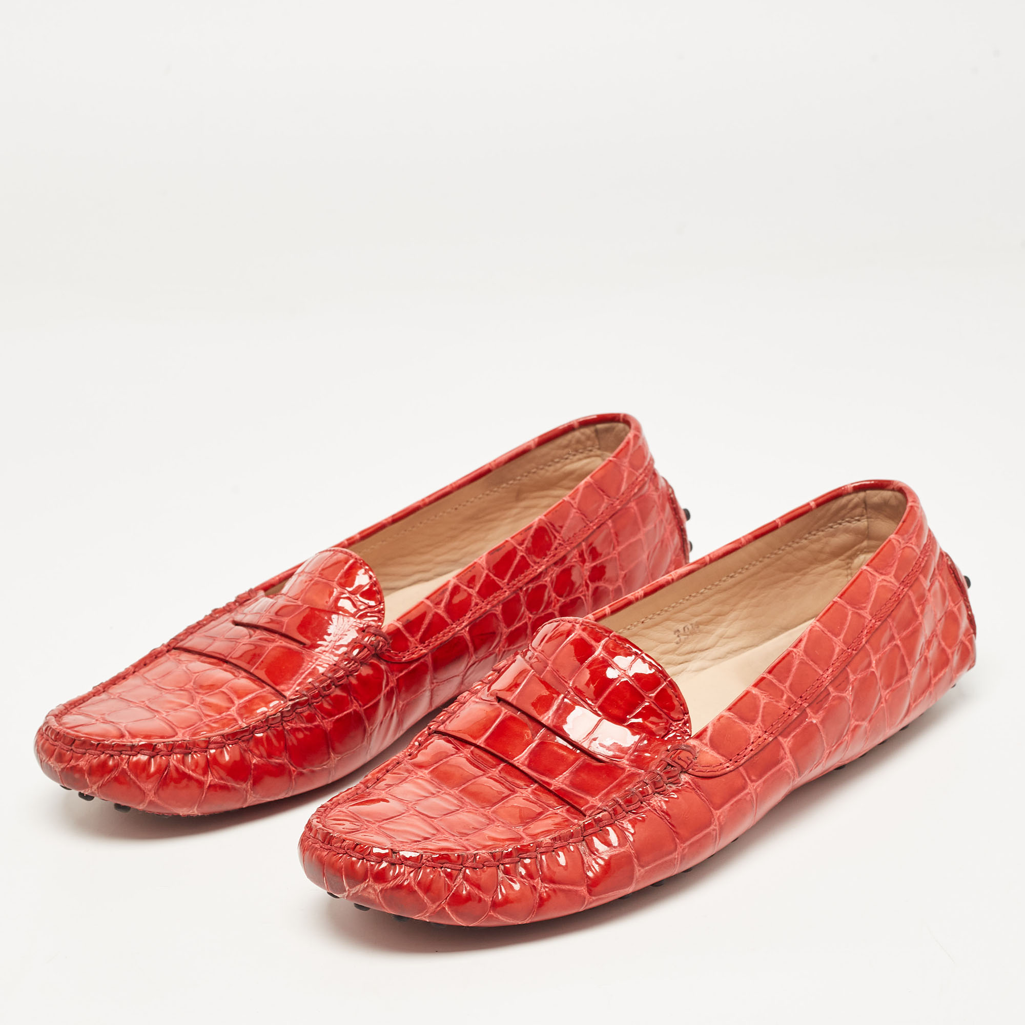 Tod's Red Croc Embossed Patent Leather Penny Loafers Size 39.5