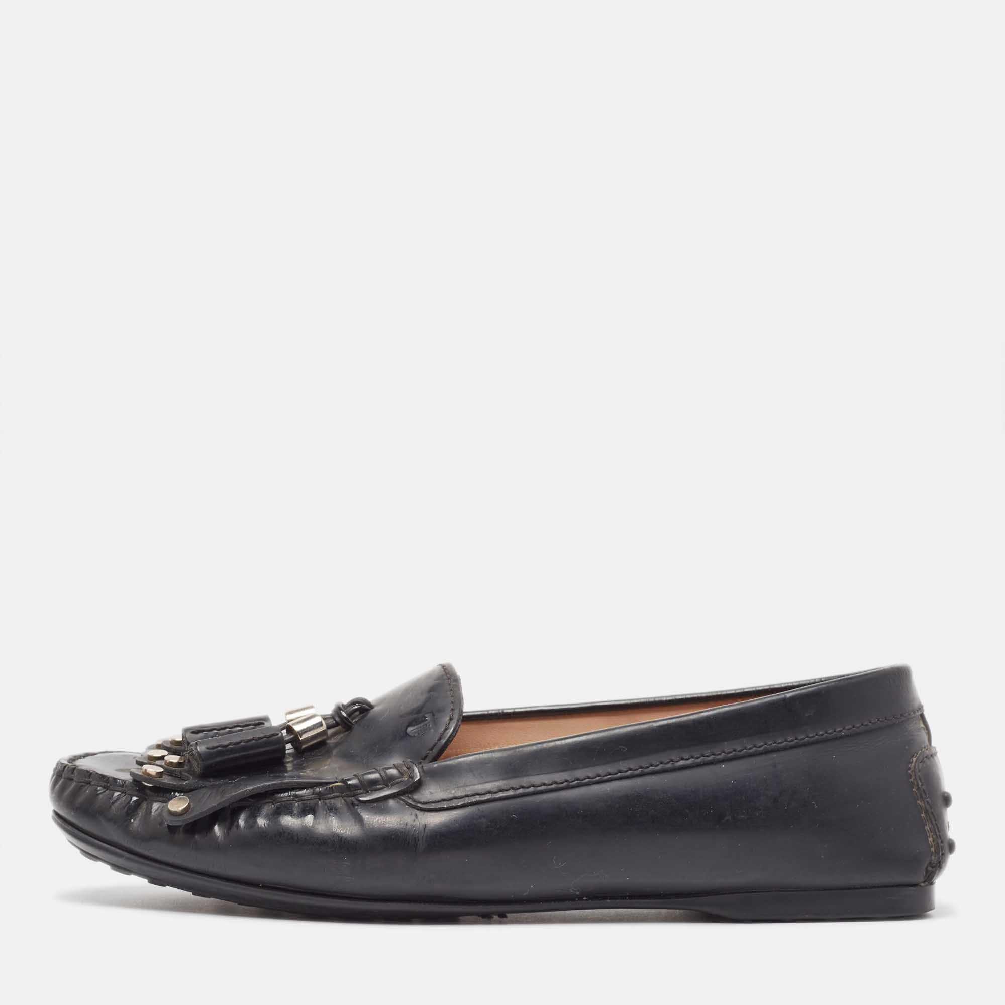 Tod's black patent leather tessal fringe detail slip on loafers size 38.5