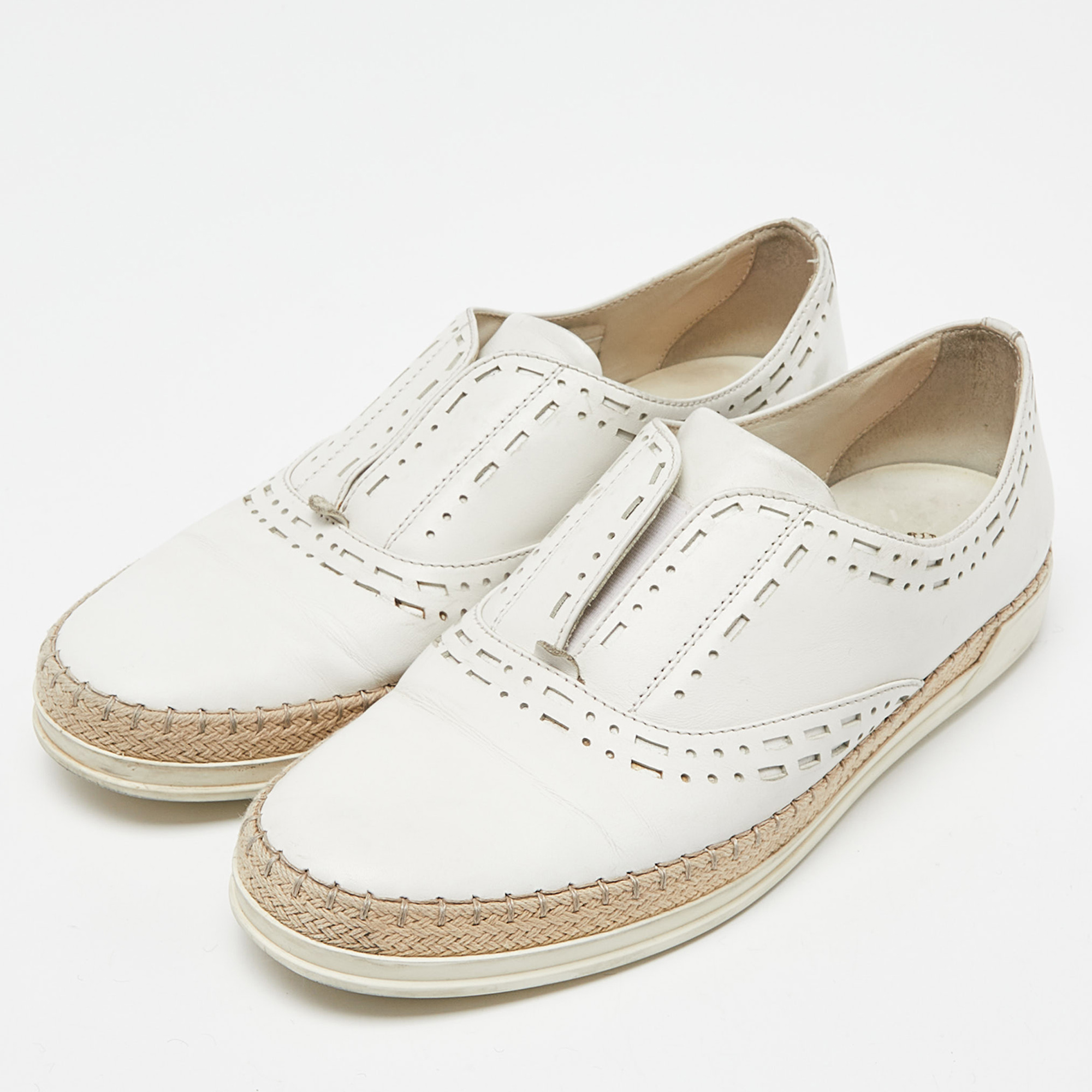 Tod's White Leather Espadrille Flat Size 38