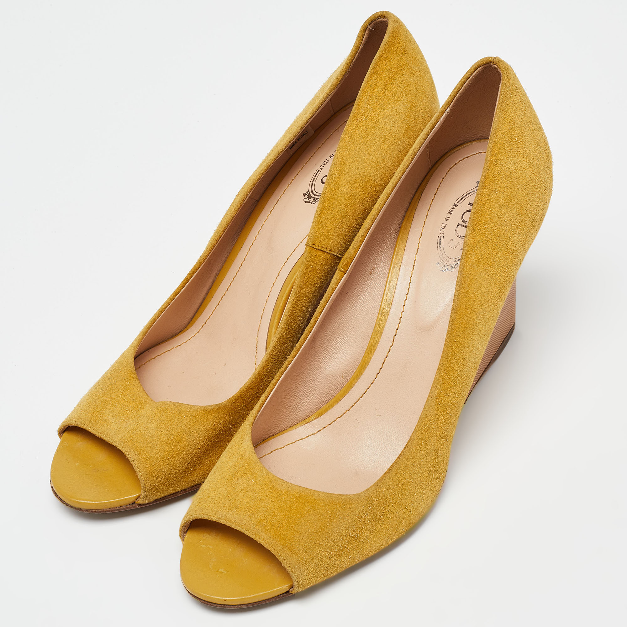 Tod's Yellow Suede Wedge Peep Toe Pumps Size 39