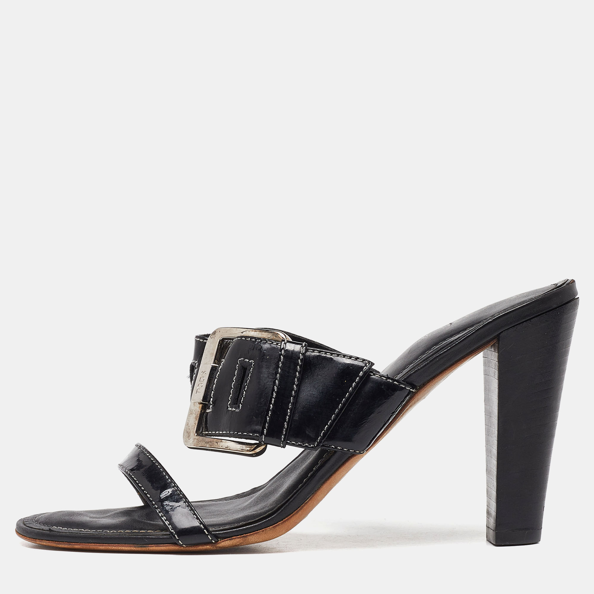 Tod's black patent leather buckle detail open toe sandals size 40