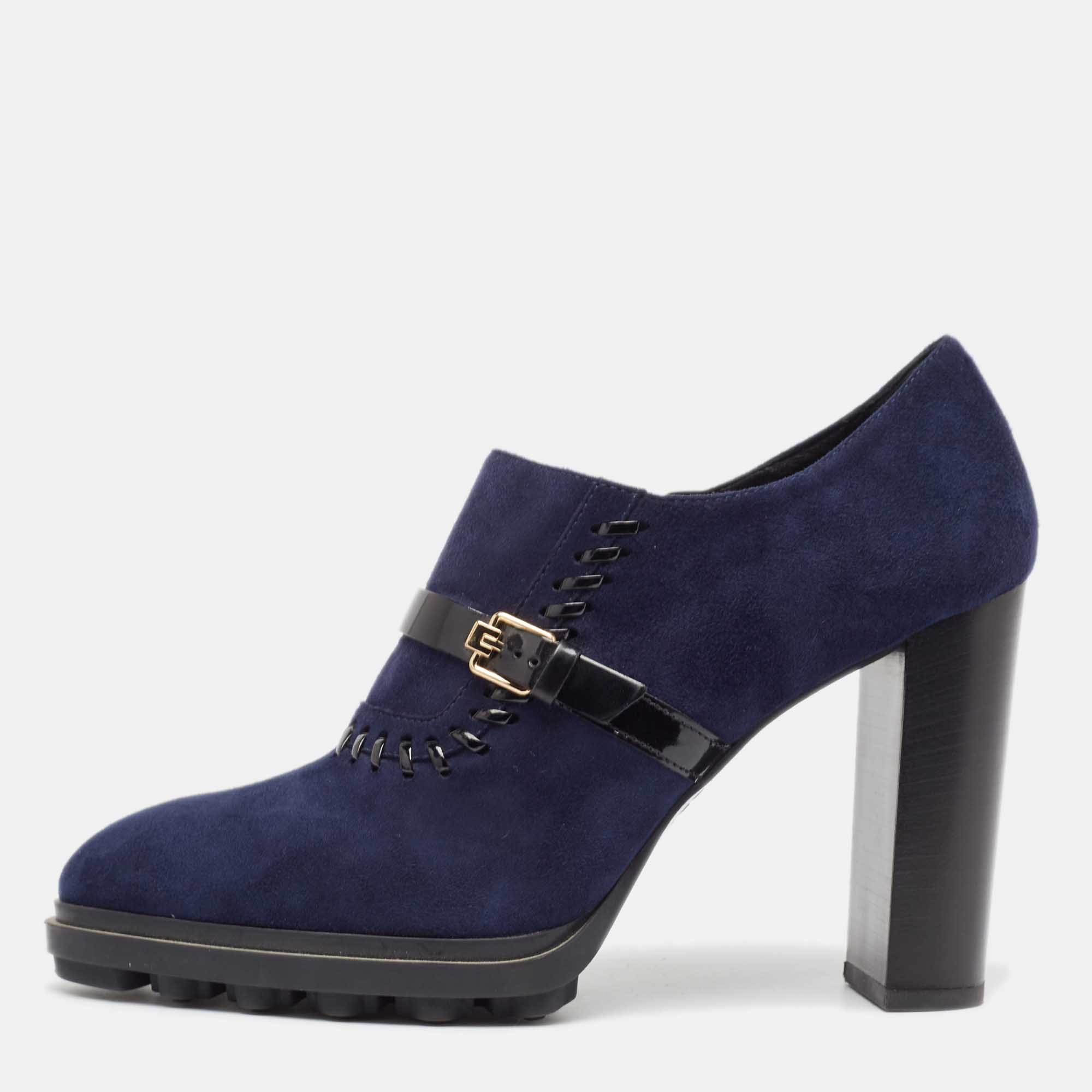 Tod's navy blue/black suede and patent leather whipstitch detail ankle booties size 40.5