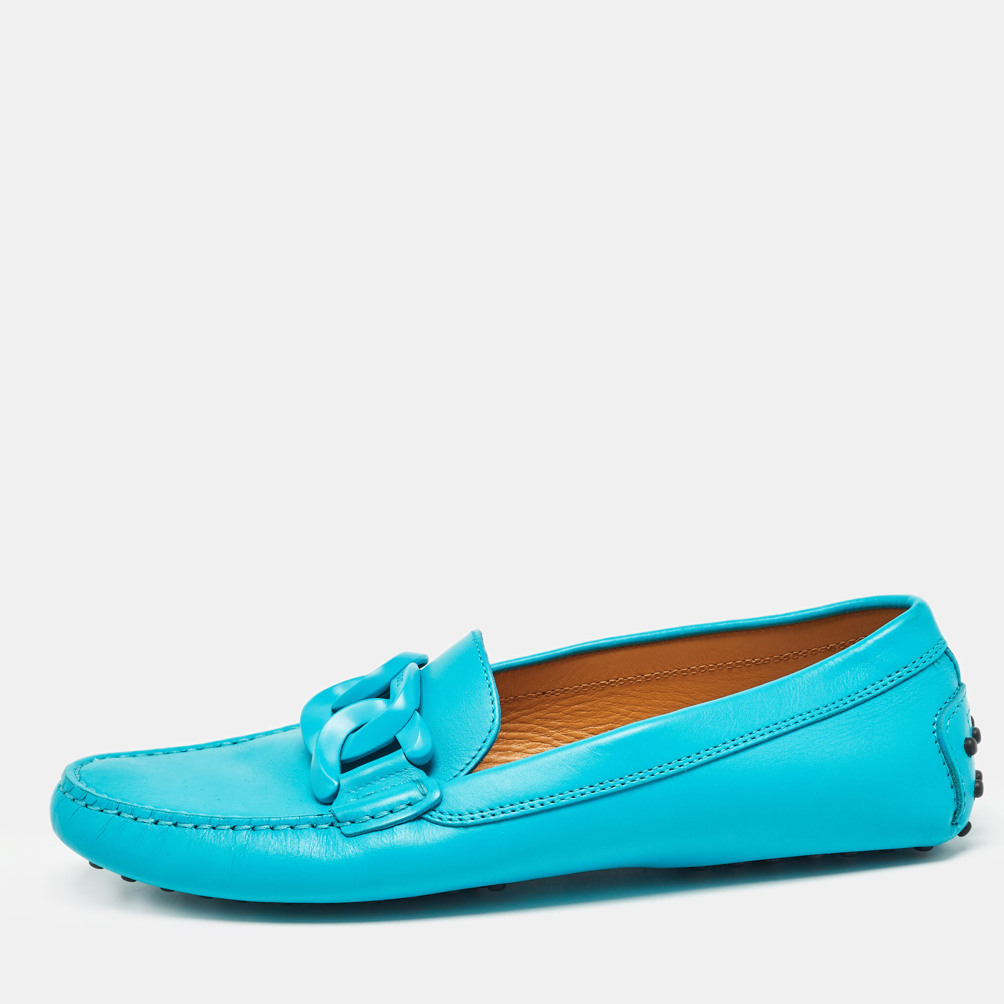 Tod's blue leather chain detail slip on loafers size 39