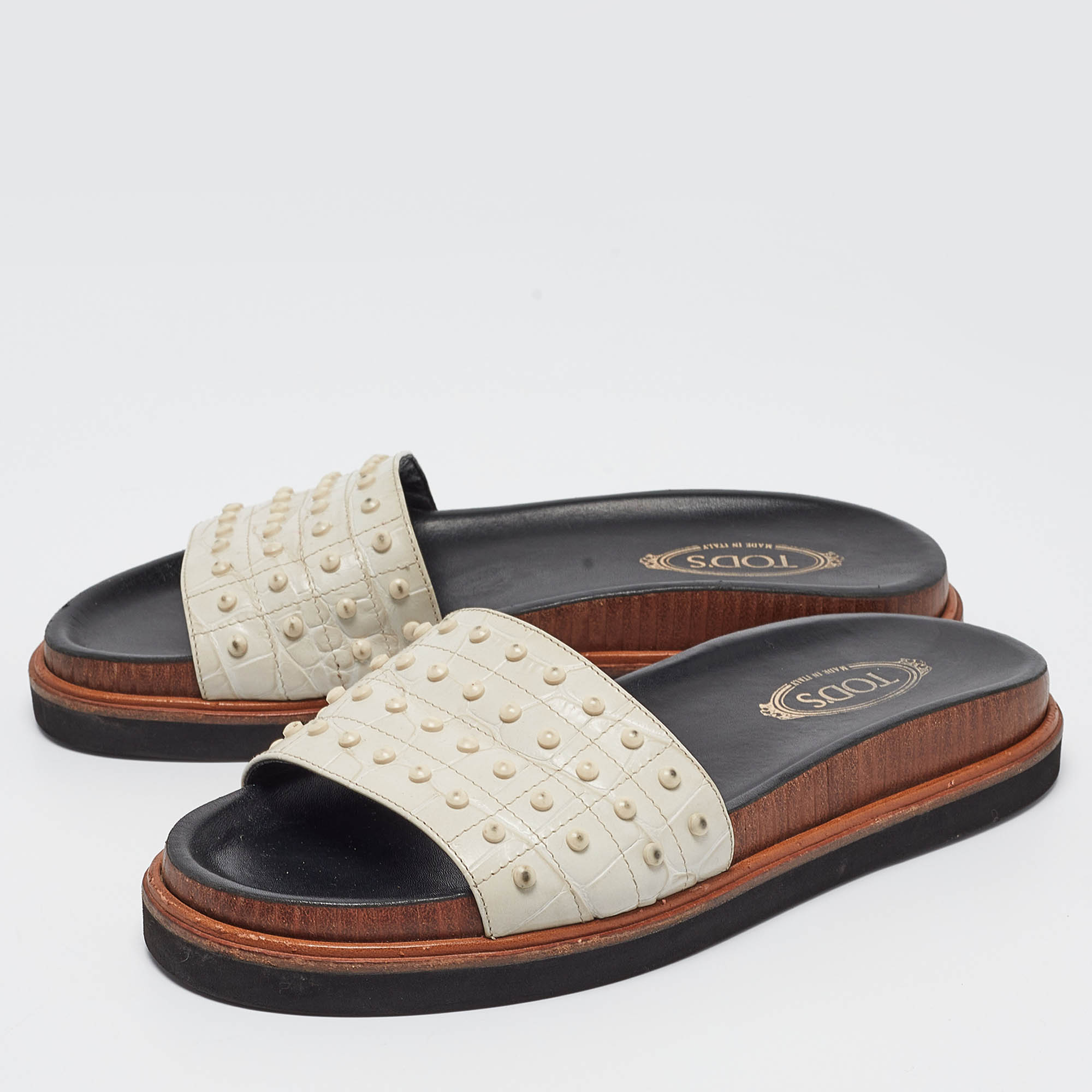 Tod's White Croc Embossed Leather Studded Flat Slides Size 37