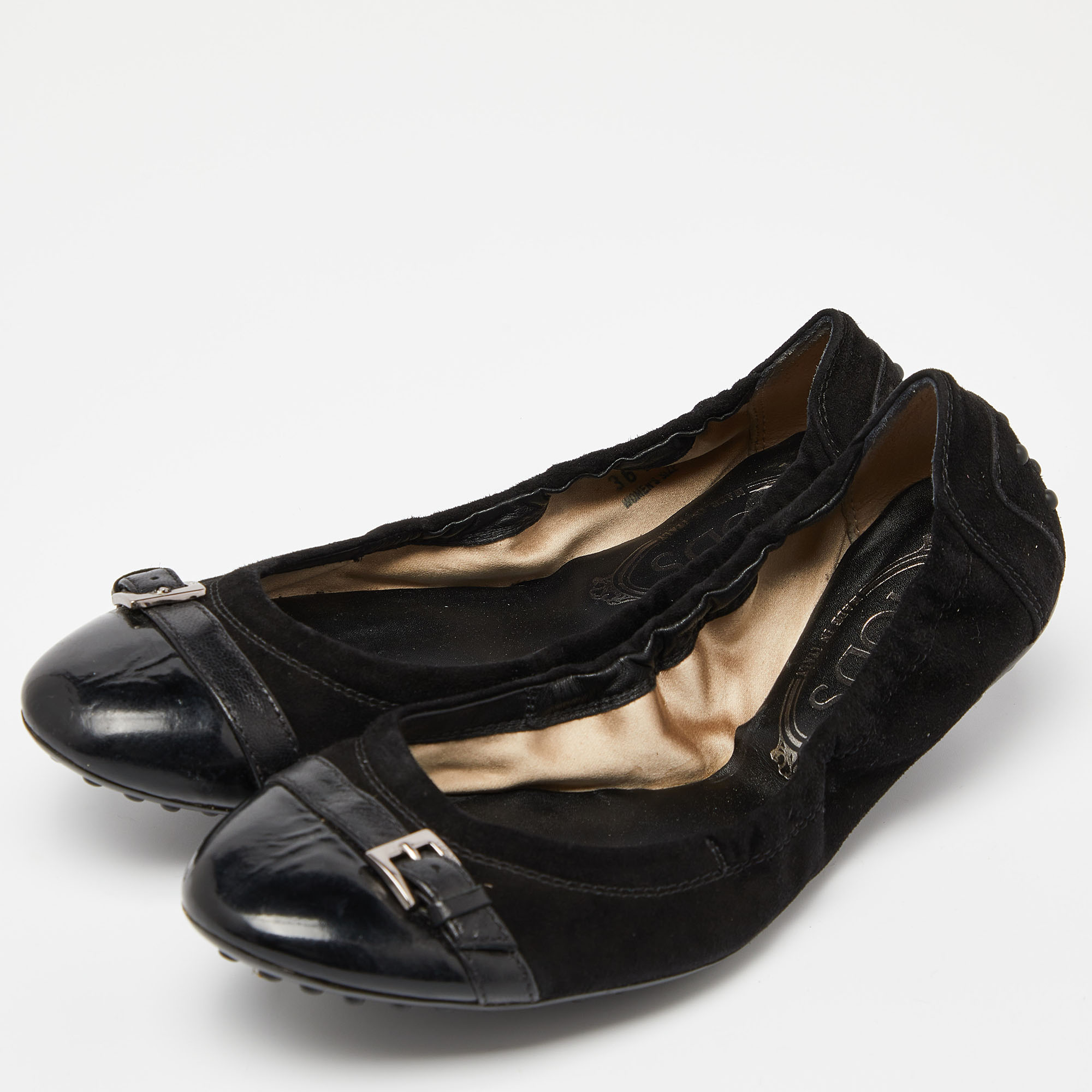 Tod's Black Suede And Leather Buckle Detail Scrunch Ballet Flats Size 36.5