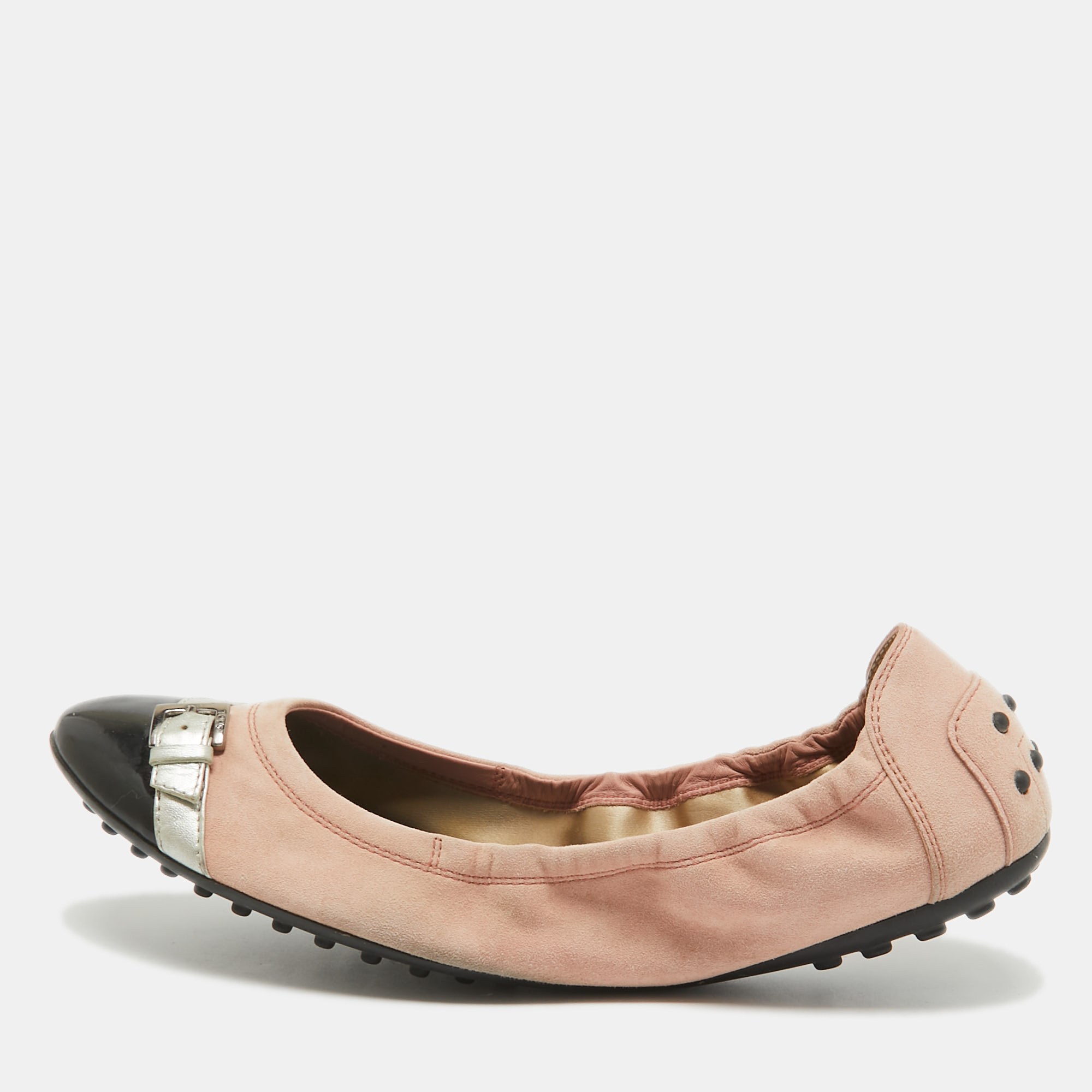 Tod's pink suede and patent leather buckle detail scrunch ballet flats size 39.5