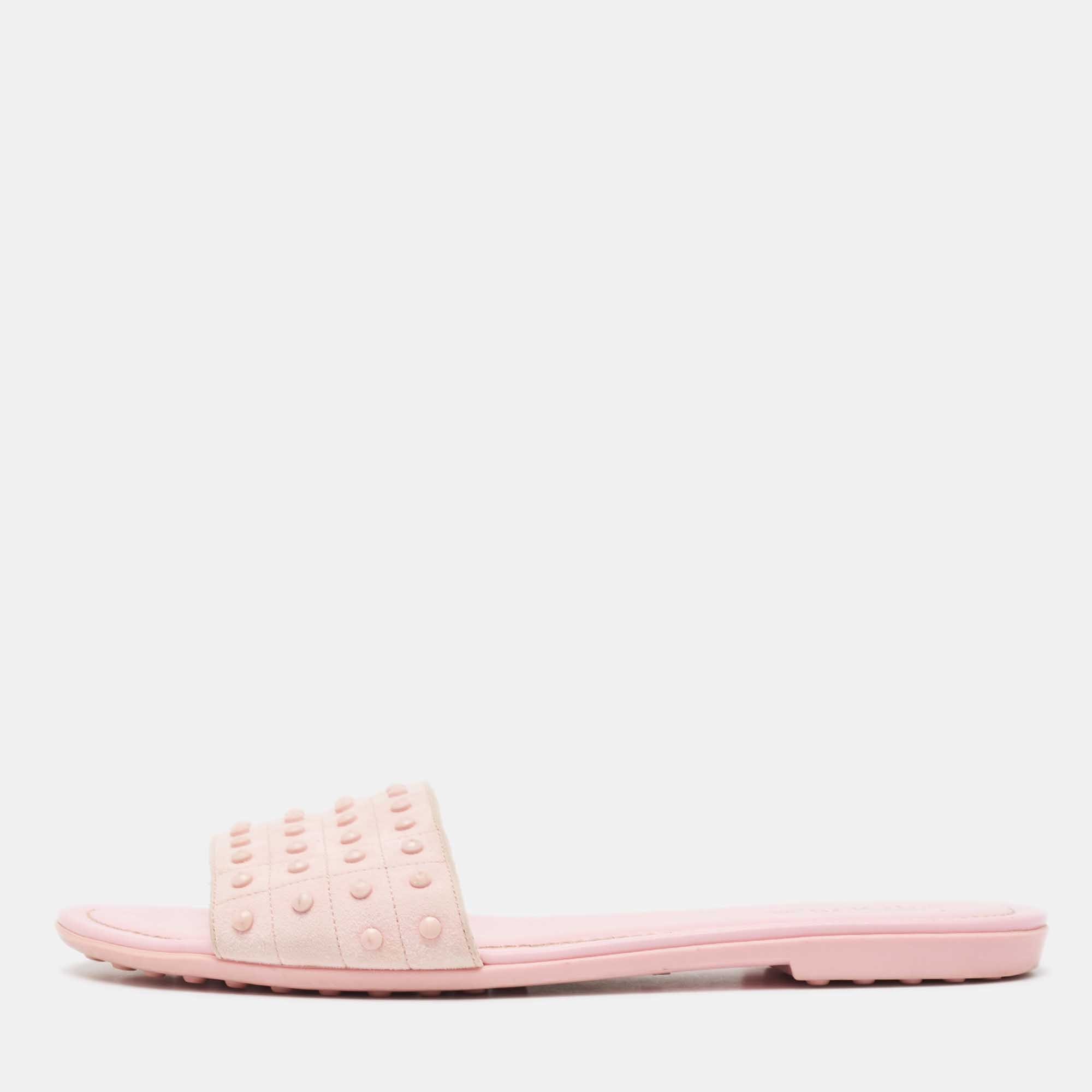 Tod's pink suede studded flat slides size 38.5