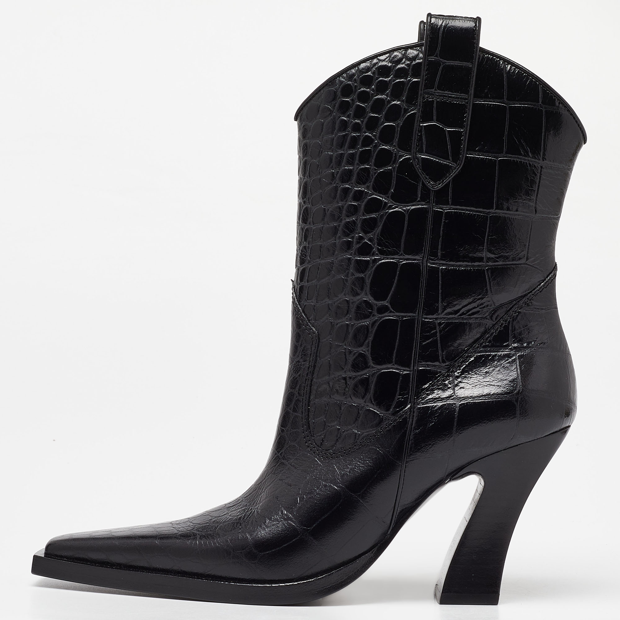 

Tom Ford Black Croc Embossed Leather Western Ankle Boots Size