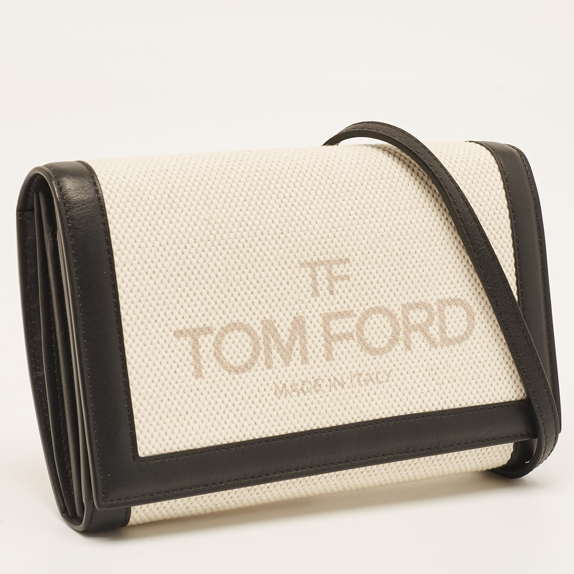 Tom Ford Beige/Black Logo Print Canvas And Leather Flap Wallet On Strap