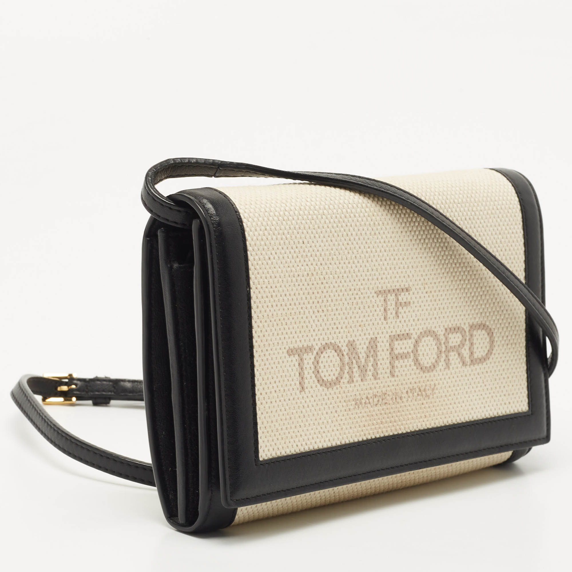 Tom Ford Black/Beige Logo Print Canvas And Leather Flap Wallet On Strap