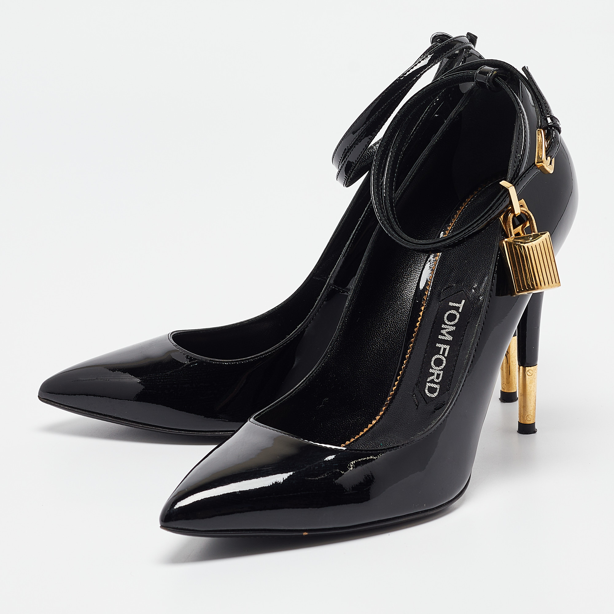 Tom Ford Black Patent Leather Padlock Ankle Wrap Pointed Toe Pumps 38.5