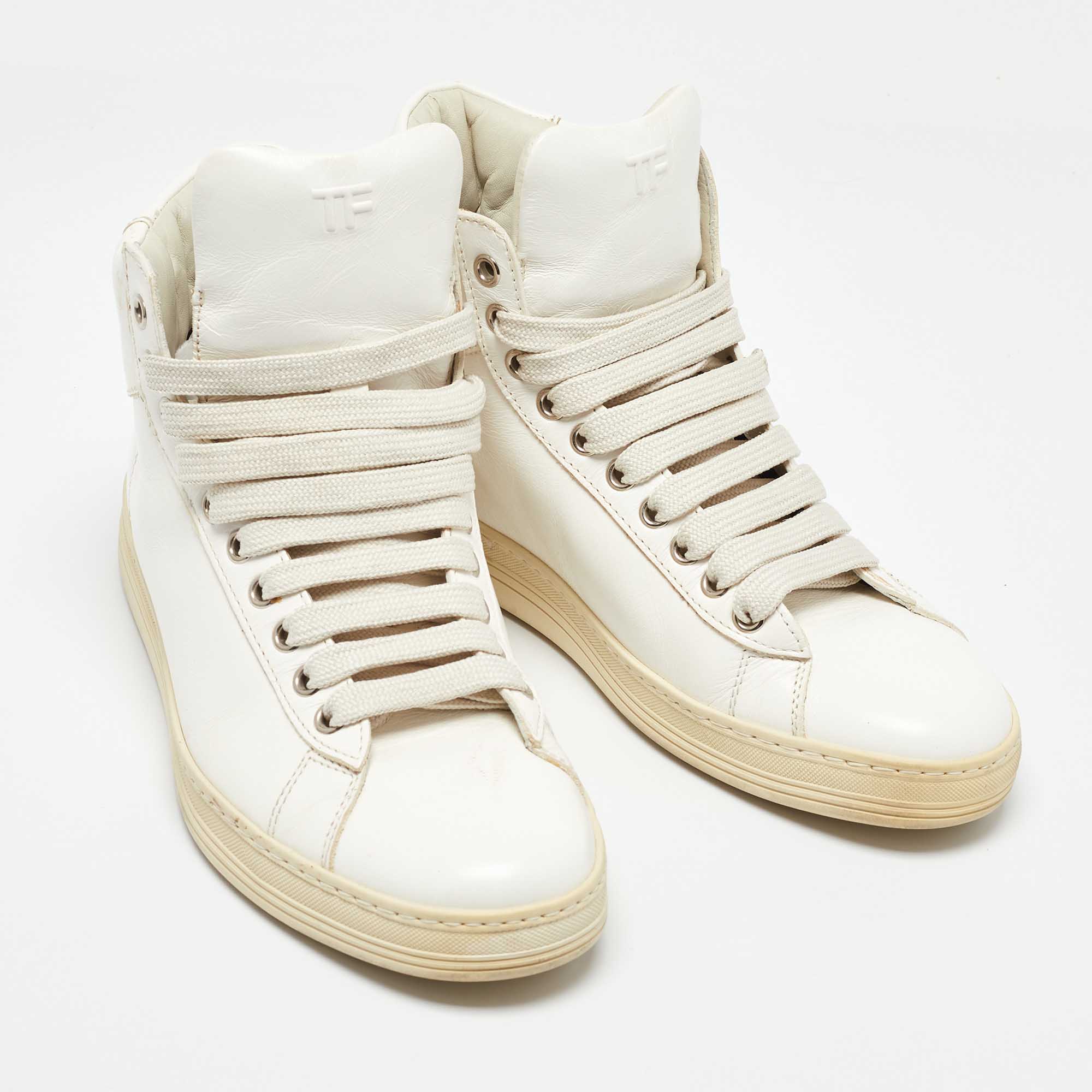 Tom Ford White Leather Russell High Top Sneakers Size 37