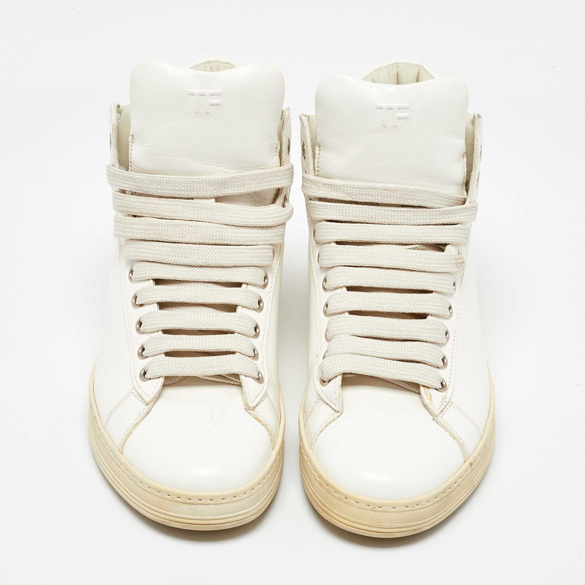 Tom Ford White Leather Russell High Top Sneakers Size 37