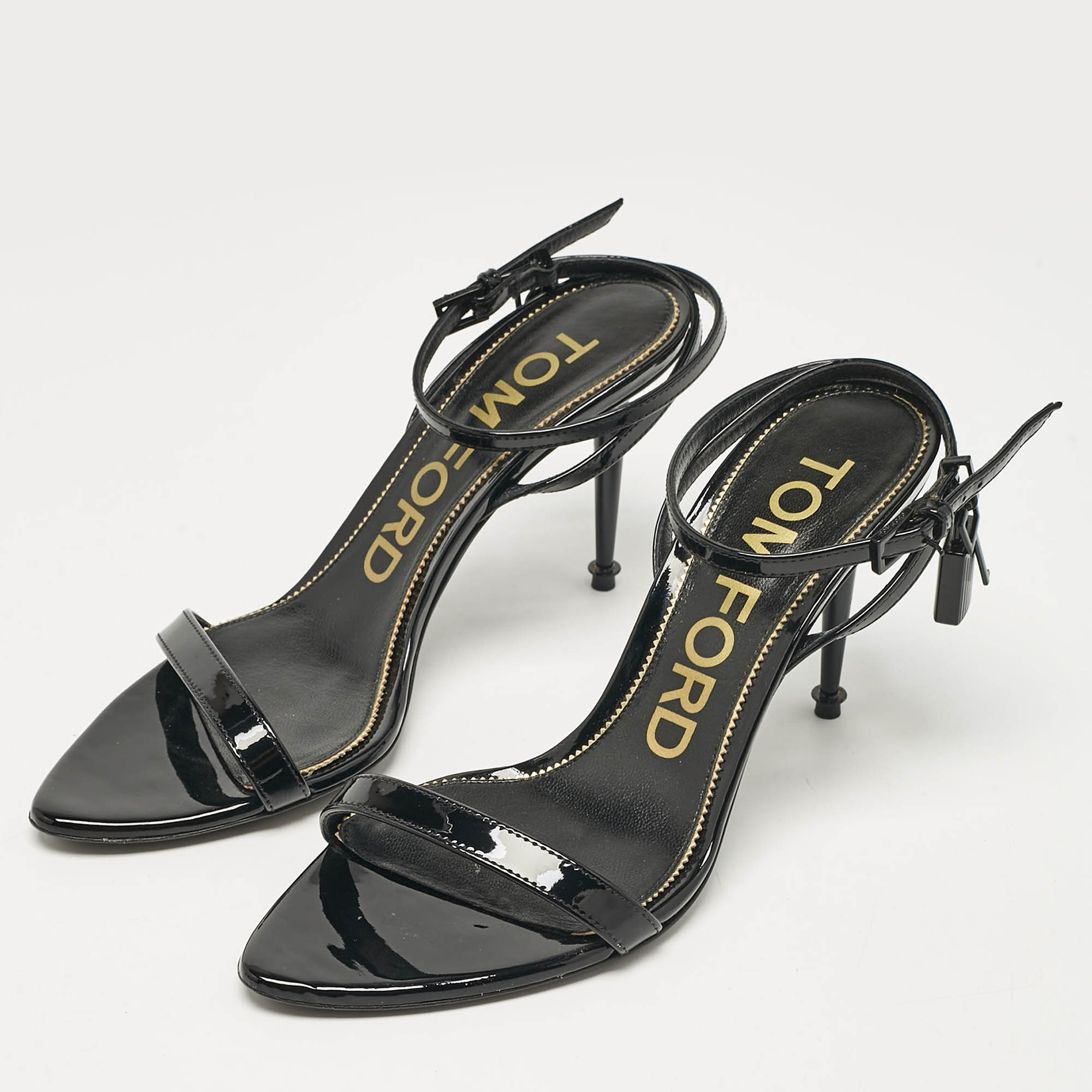 Tom Ford Black Patent Leather Padlock Ankle Strap Sandals Size 38