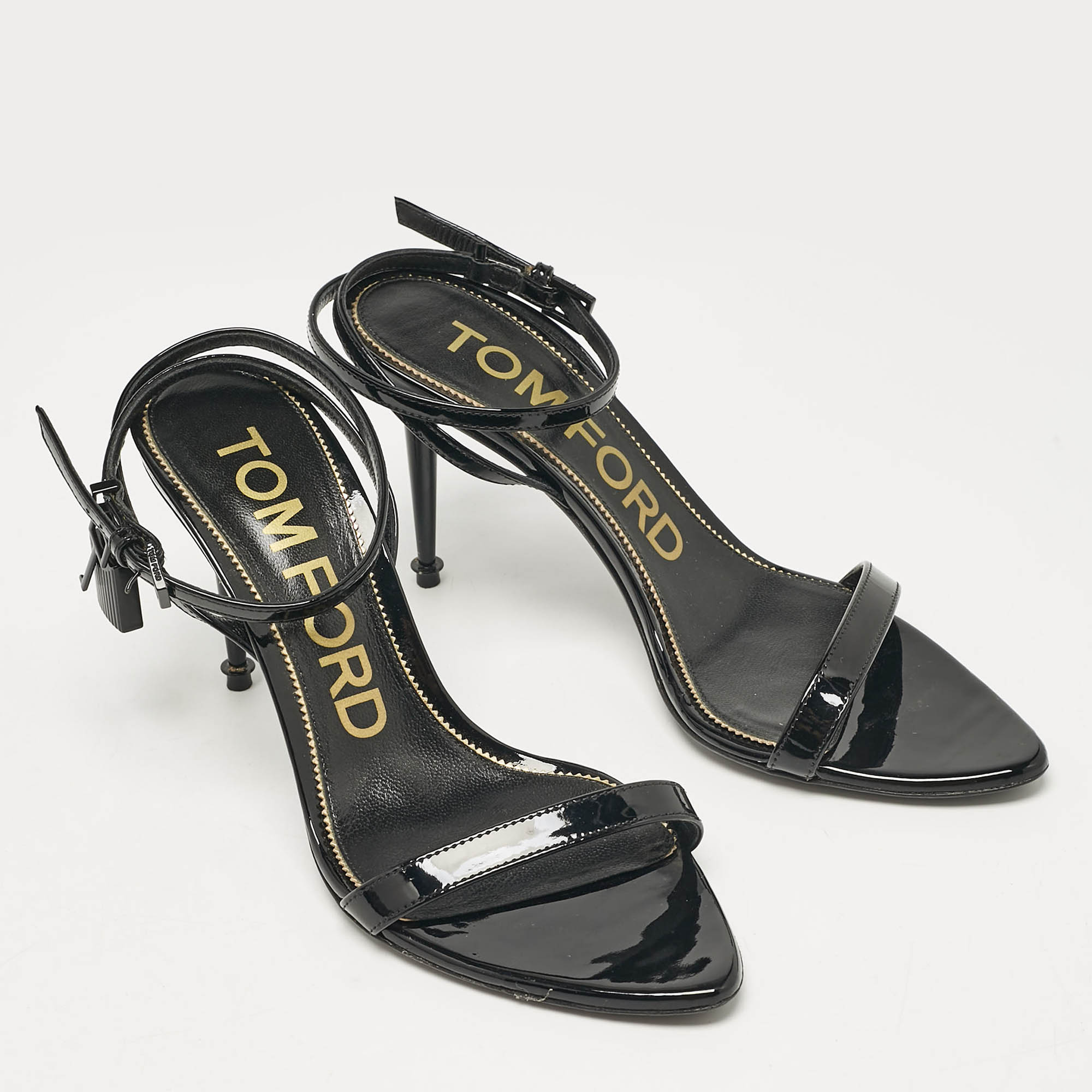 Tom Ford Black Patent Leather Padlock Ankle Strap Sandals Size 38