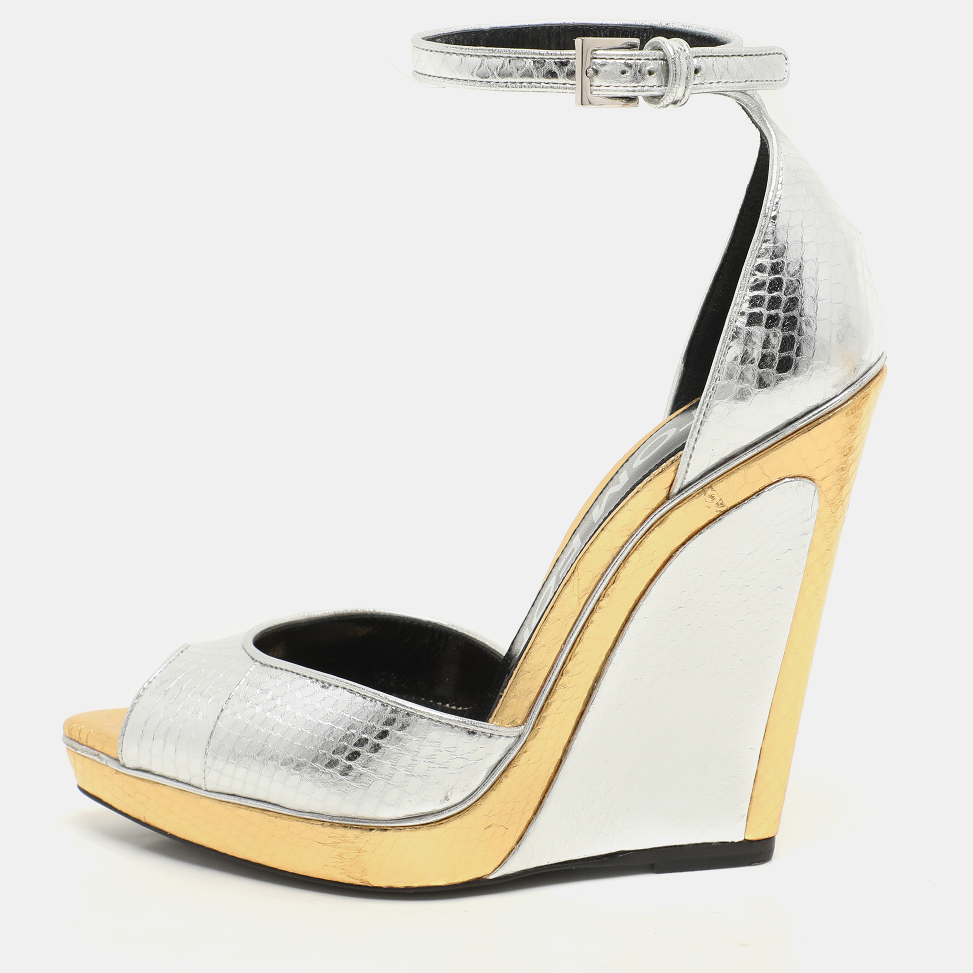 Tom Ford Silver/Gold Python Embossed Leather Trompe L'oeil Wedge Pumps Size
Tom Ford Silver/Gold Python Embossed Leather Trompe L'oeil Wedge Pumps Size