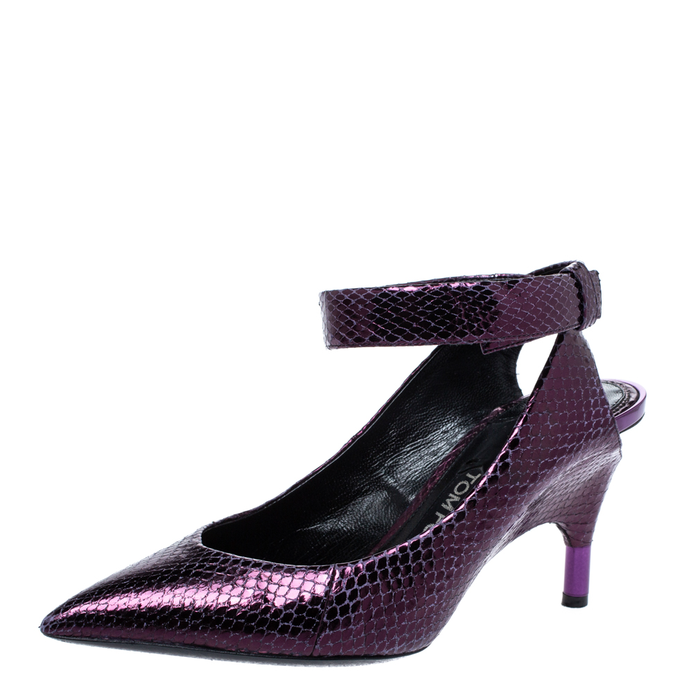 Tom Ford Plum Snakeskin Pointed Toe Cut Out Heel Pumps Size 37.5