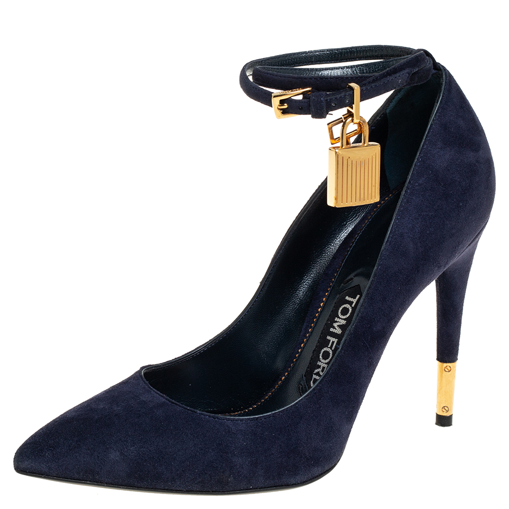 Tom Ford Blue Suede Ankle Lock Pointed Toe Pumps Size 36.5