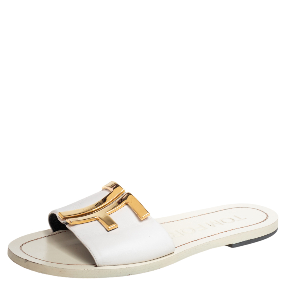 Tom Ford White Leather TF Slide Sandals Size 37