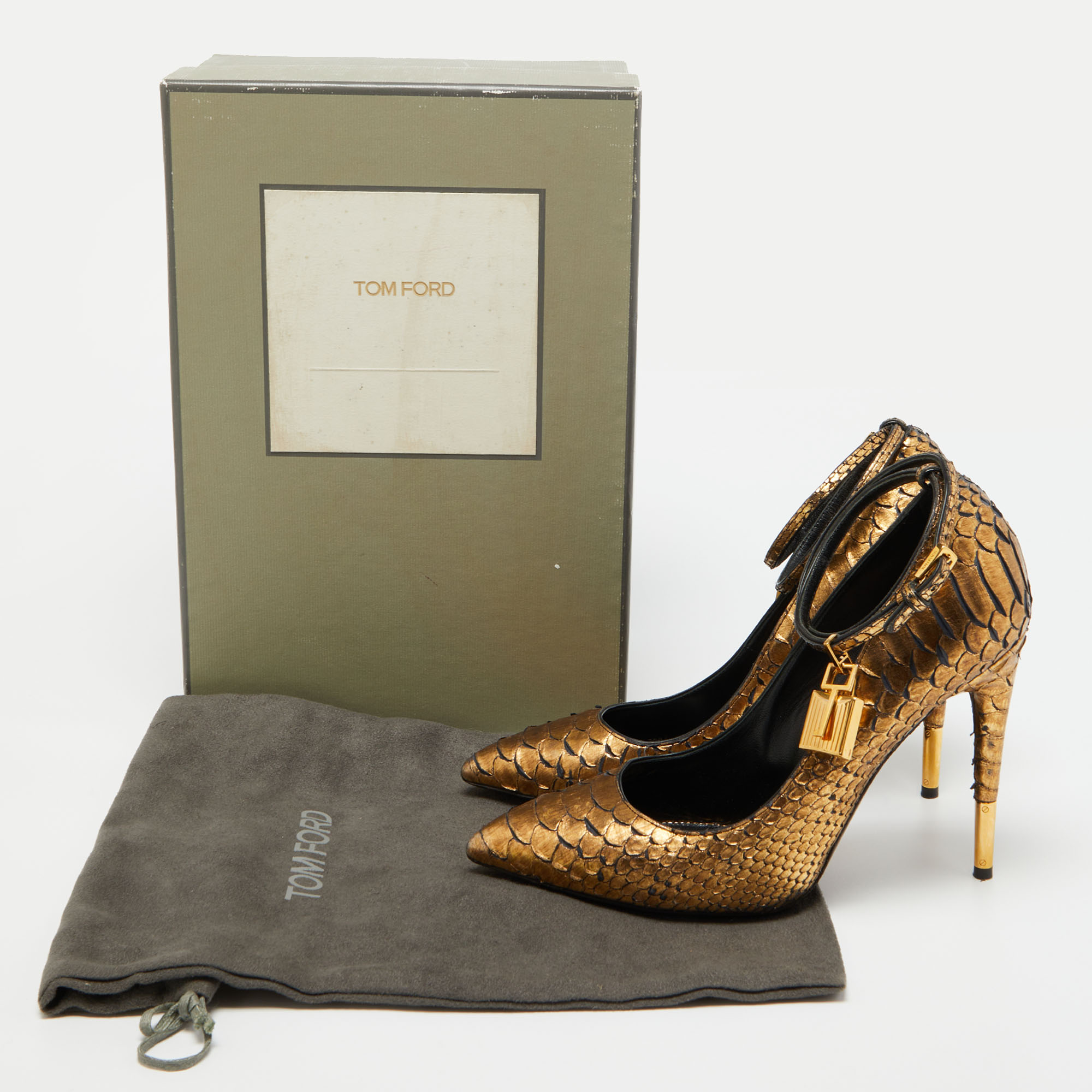 Tom Ford Gold Python Padlock Pointed Toe Pumps Size 38