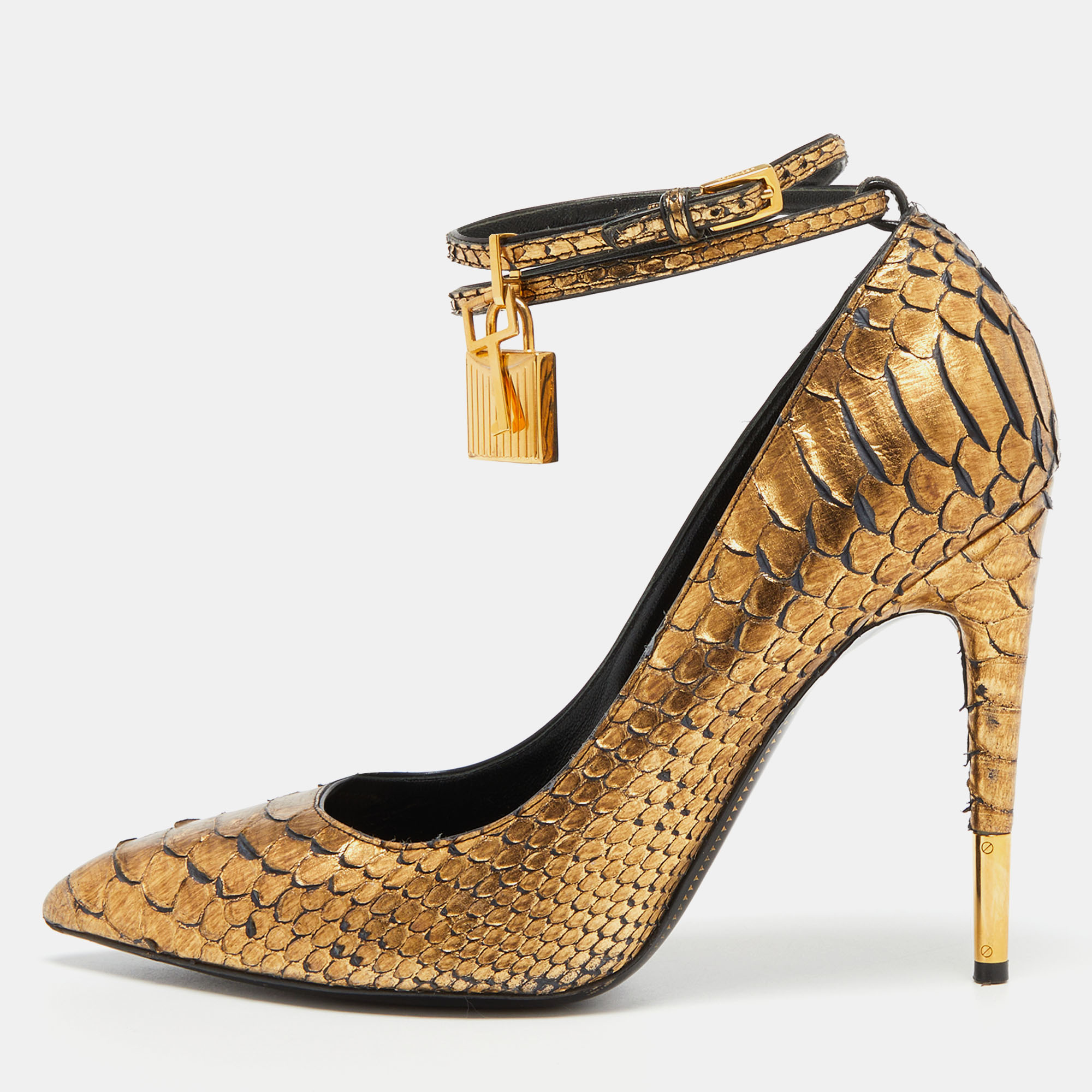 Tom Ford Gold Python Padlock Pointed Toe Pumps Size 38