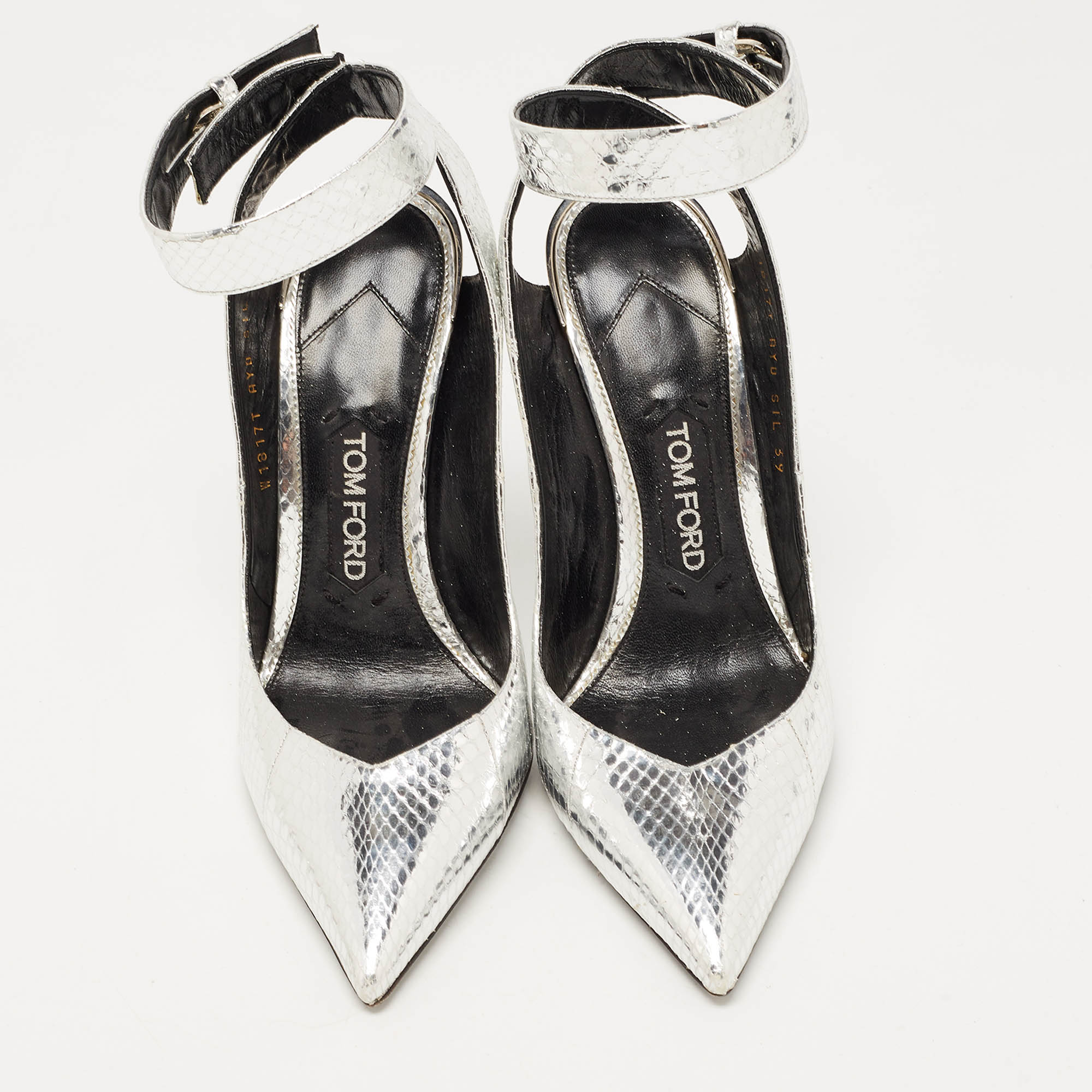 Tom Ford Silver Python Embossed Leather Ankle Strap Wedge Pumps Size 39