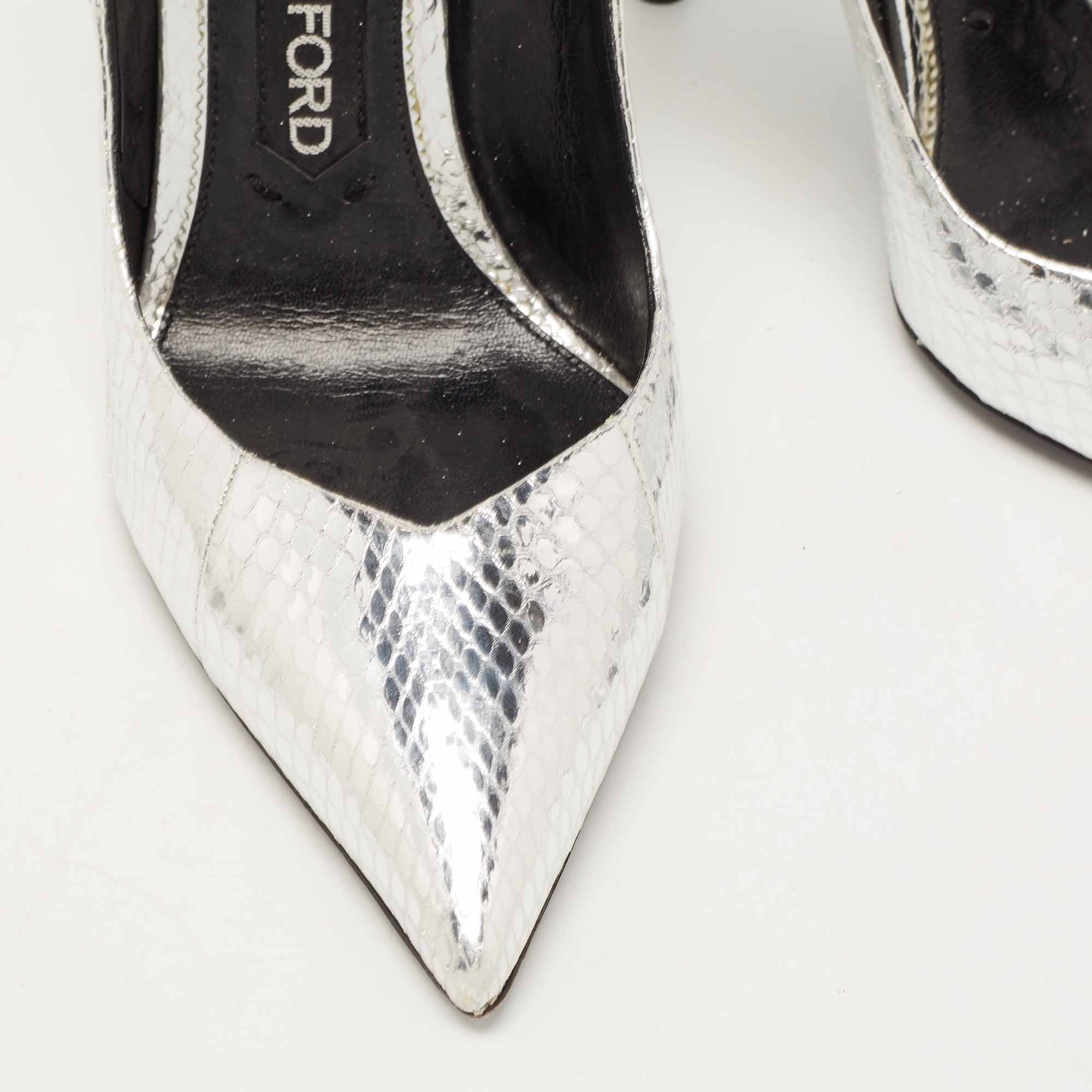 Tom Ford Silver Python Embossed Leather Ankle Strap Wedge Pumps Size 39