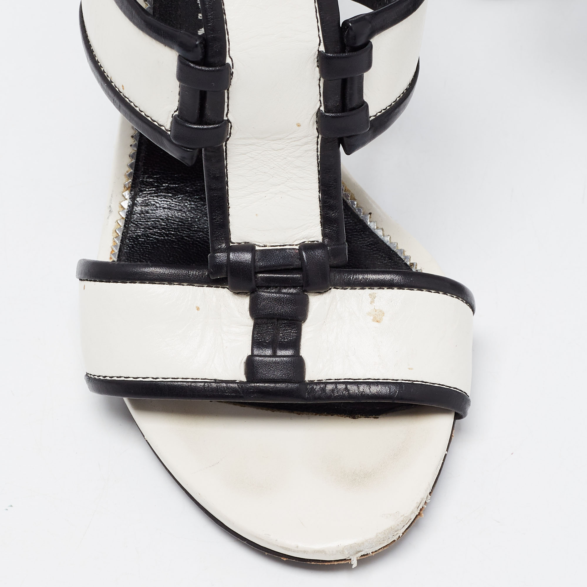 Tom Ford White/Black Paneled Leather Patchwork Ankle Strap Sandals Size 37.5
