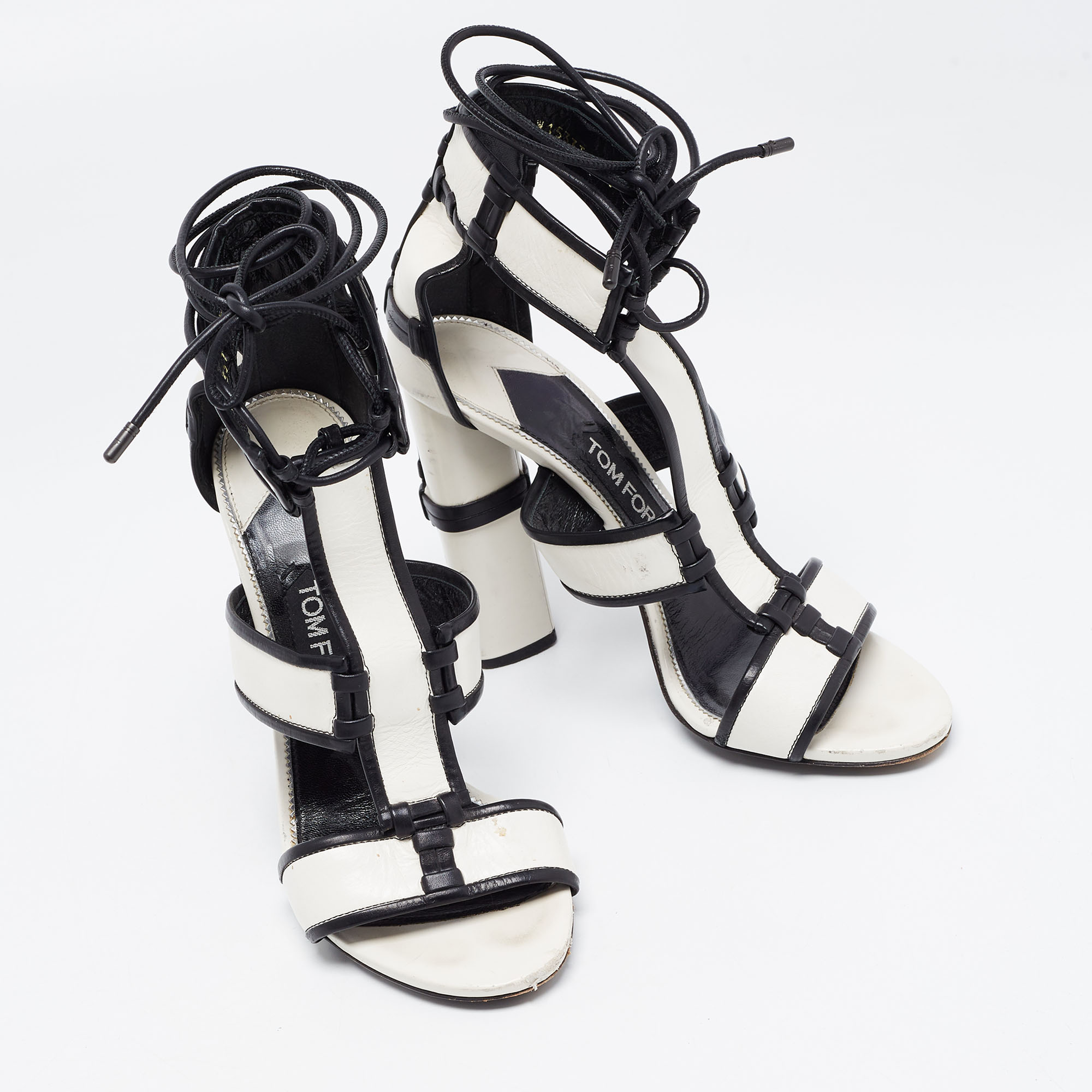 Tom Ford White/Black Paneled Leather Patchwork Ankle Strap Sandals Size 37.5