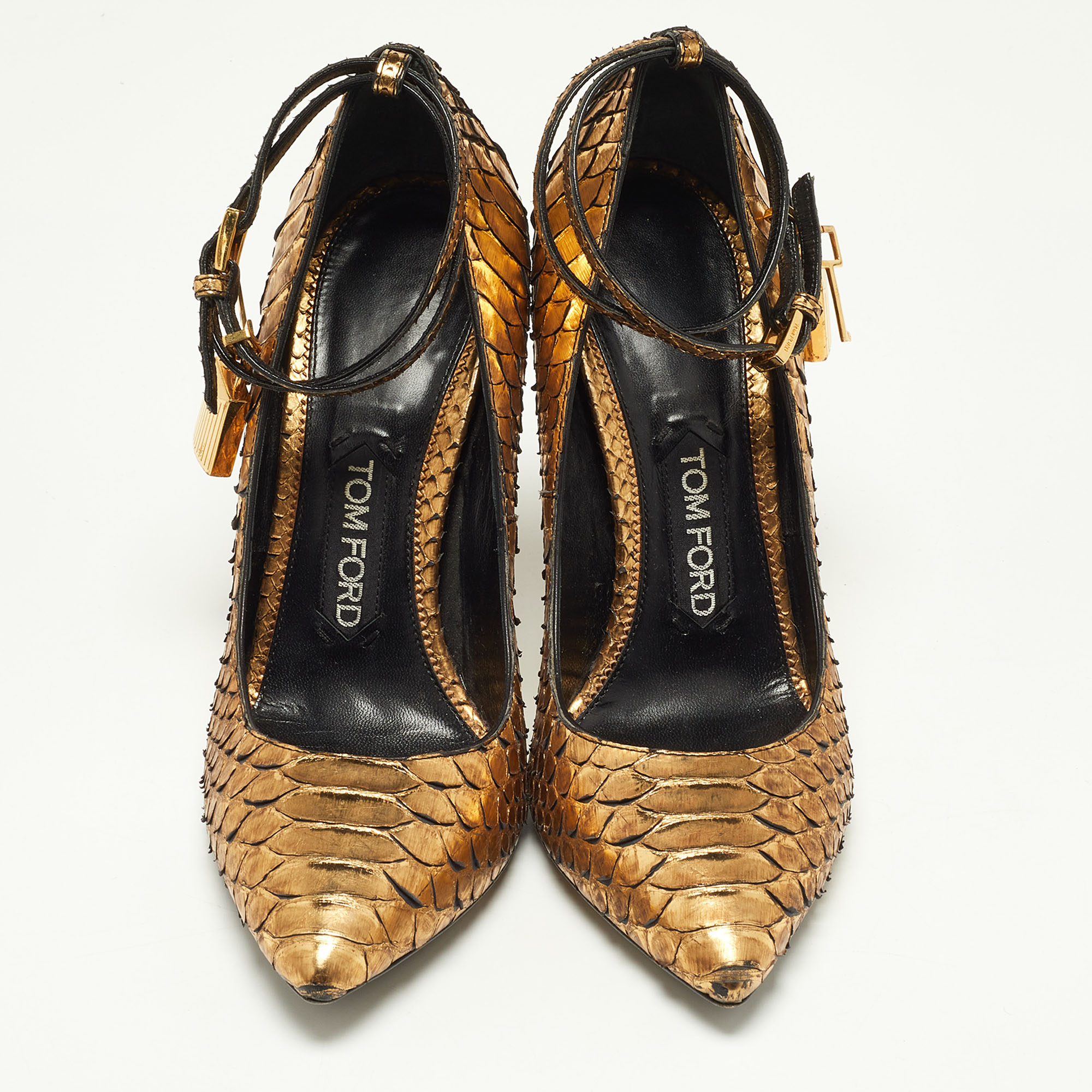 Tom Ford Gold Python Leather Padlock Pumps Size 37.5