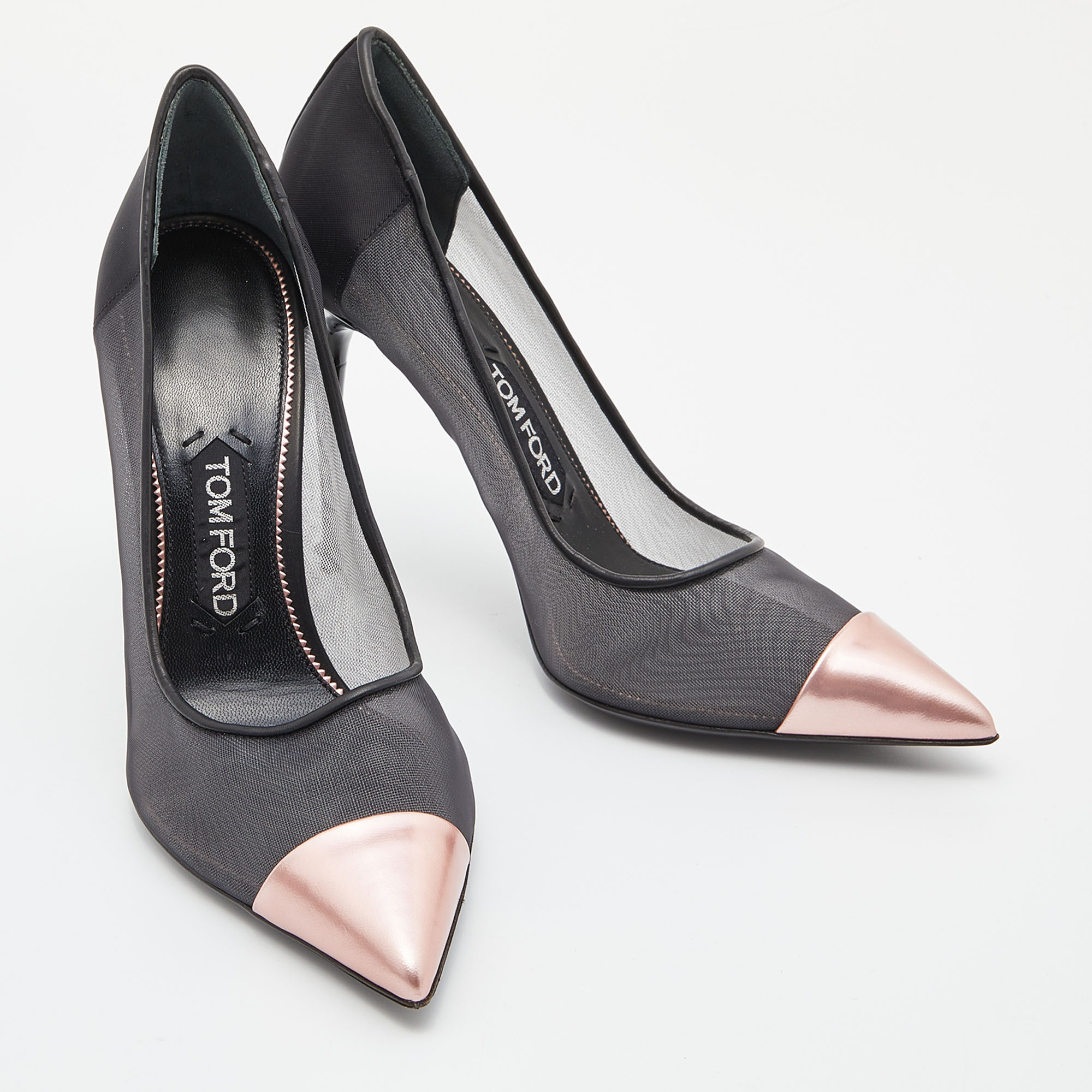 Tom Ford Black/Metallic Rose Pink Mesh And Leather Cap Pointed Toe Pumps Size 38.5