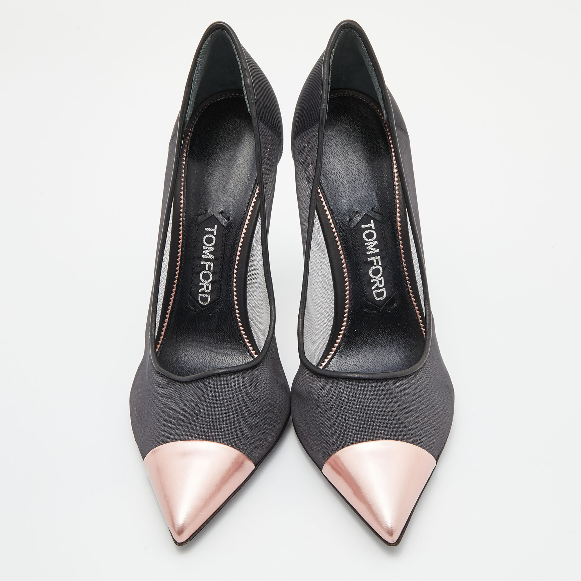 Tom Ford Black/Metallic Rose Pink Mesh And Leather Cap Pointed Toe Pumps Size 38.5