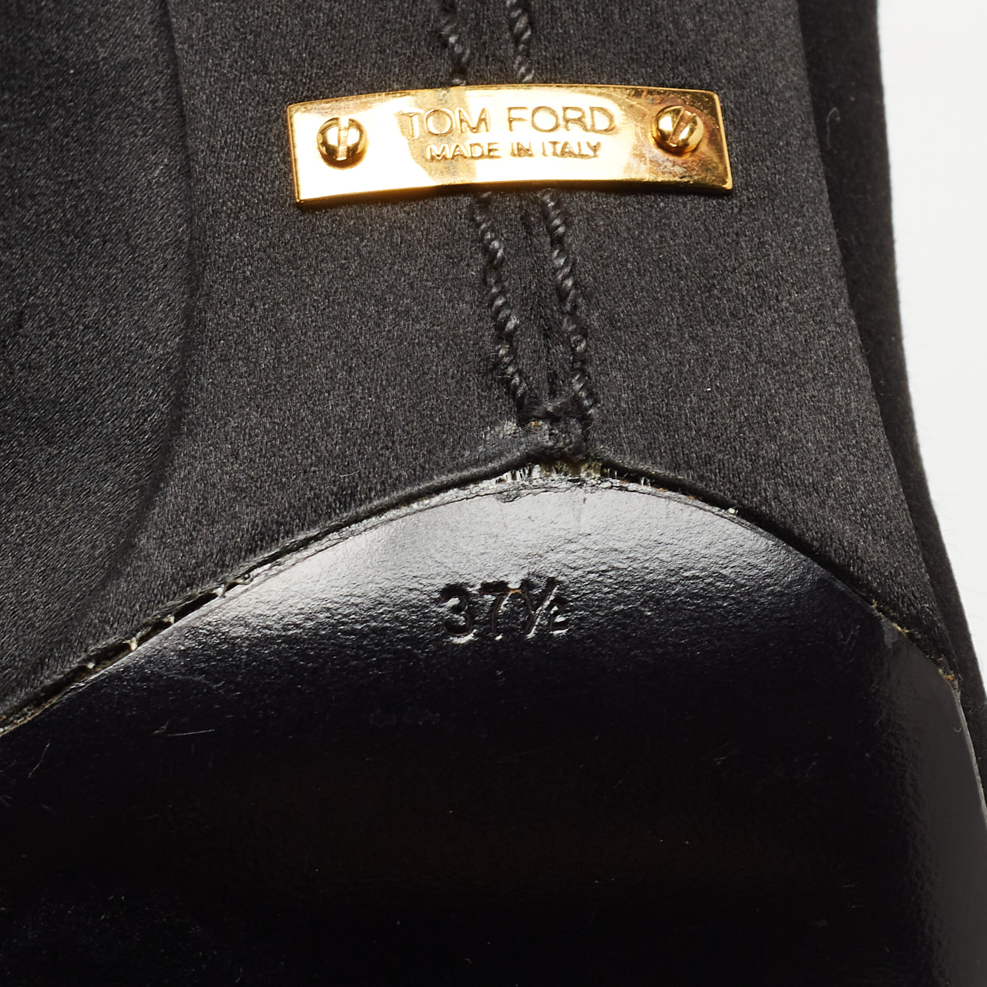 Tom Ford Black Satin Padlock Peep Toe Ankle Boots Size 37.5