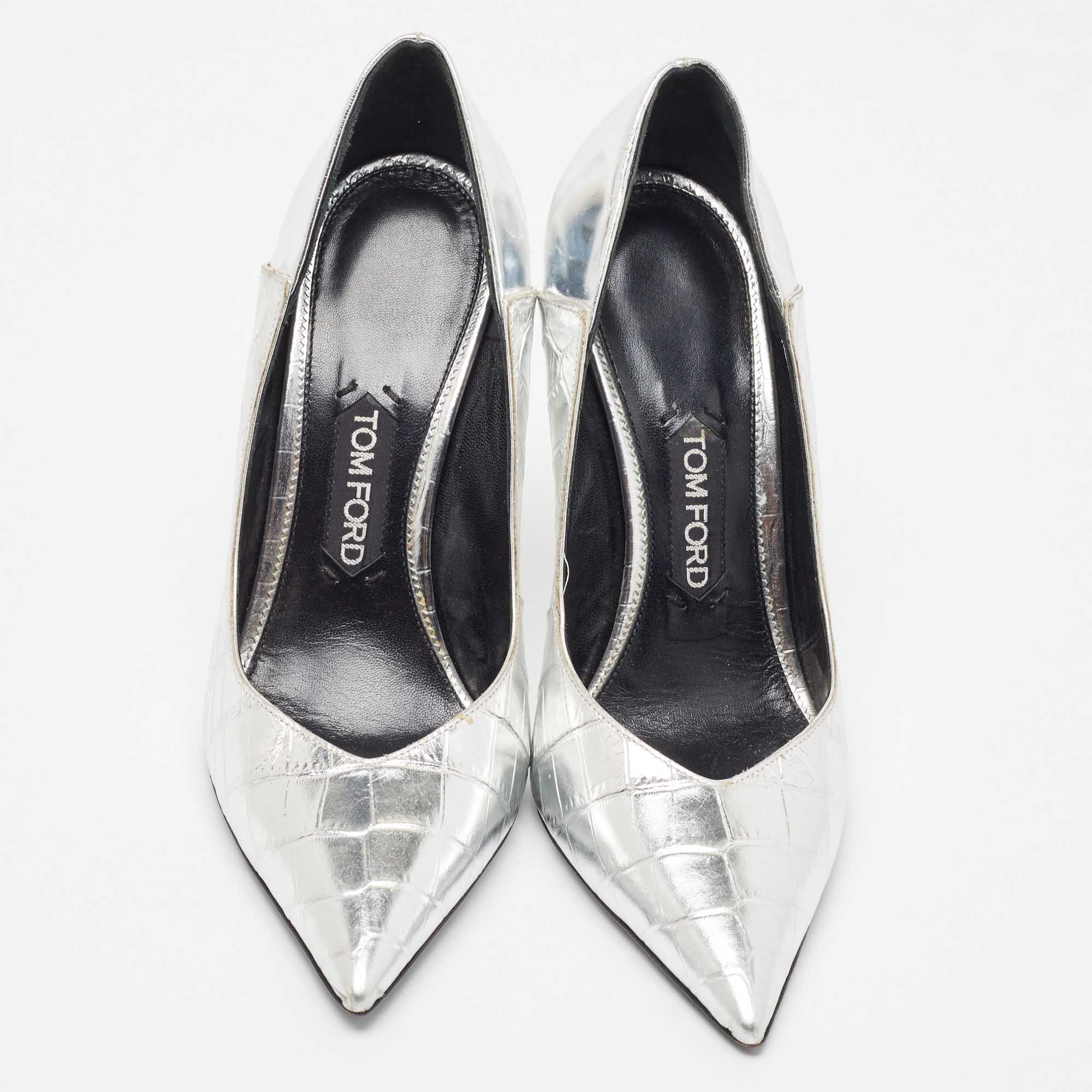 Tom Ford Silver Croc Embossed Leather Wedge Pumps Size 40