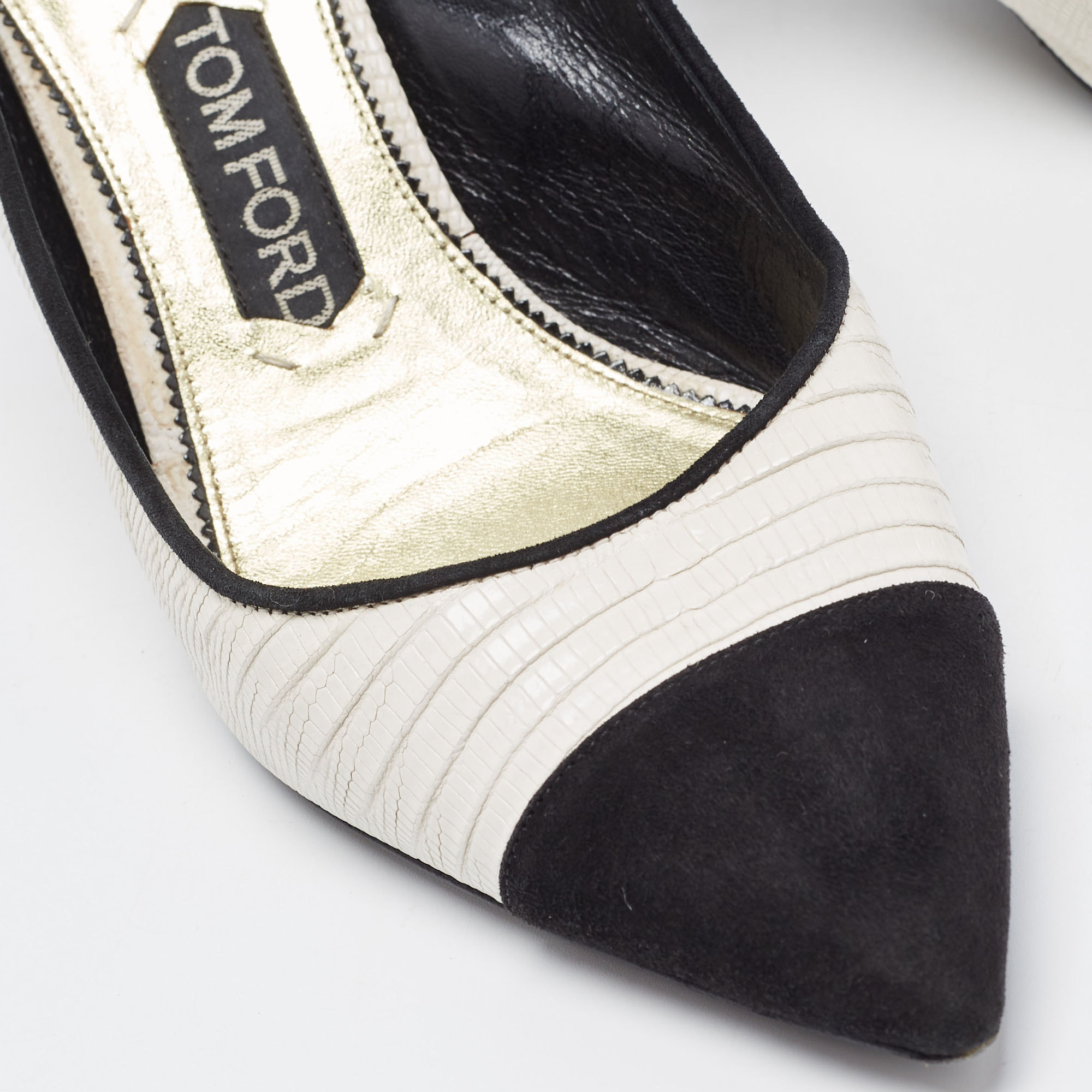 Tom Ford White/Black Embossed Lizard And Suede Slingback Pumps Size 40