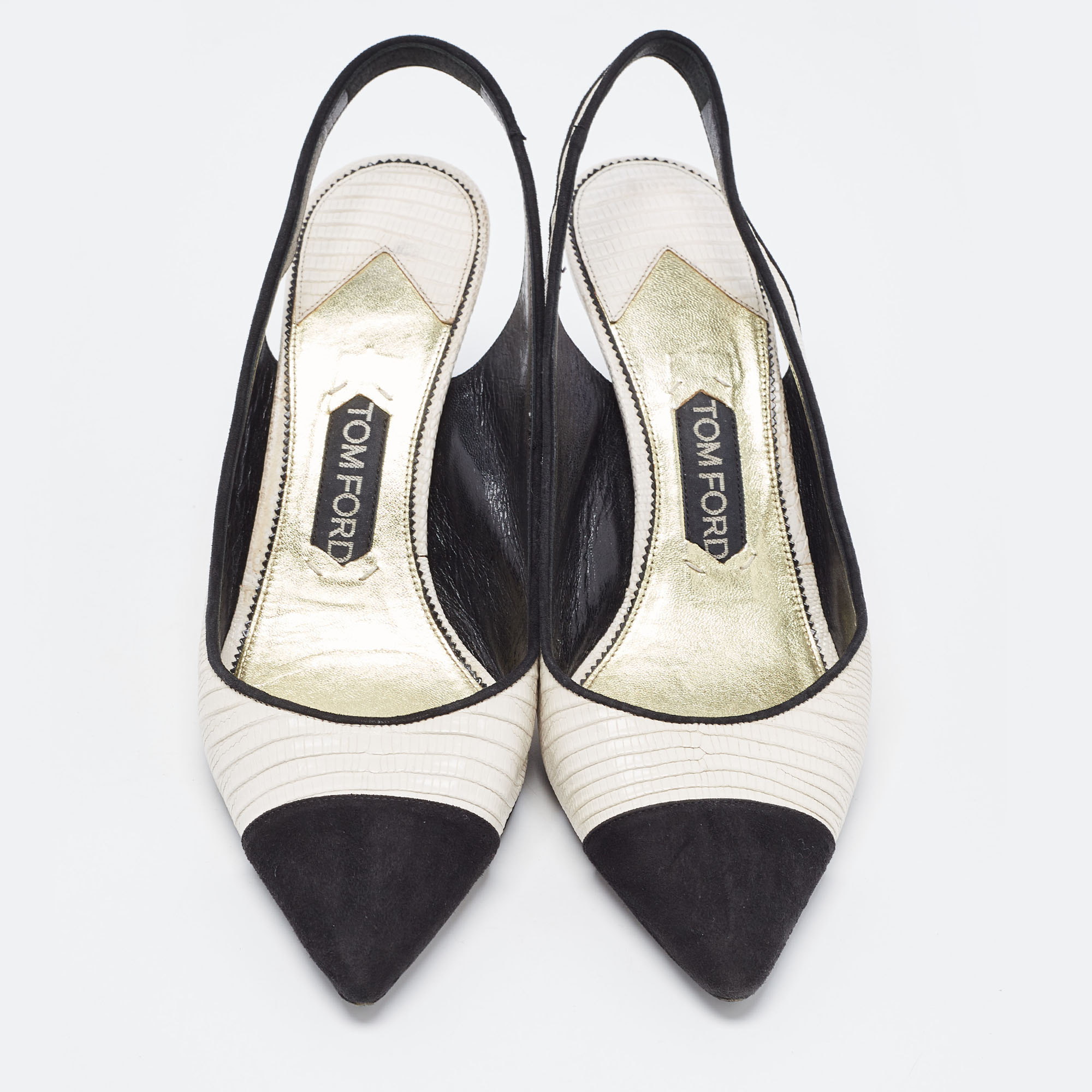 Tom Ford White/Black Embossed Lizard And Suede Slingback Pumps Size 40